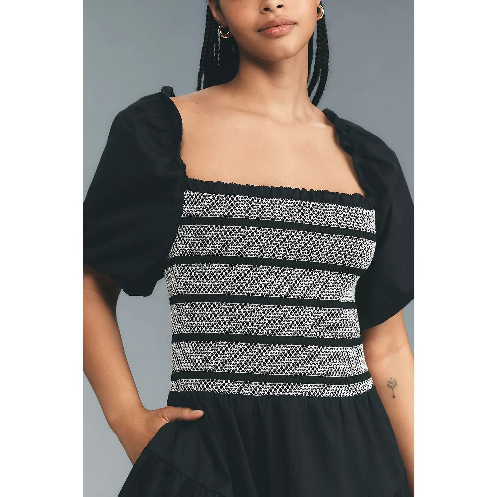 Anthropologie NWT Puff-Sleeve Square-Neck Smocked Mini Dress $158 Black Size S / US 4 / IT 40 - 2 Thumbnail