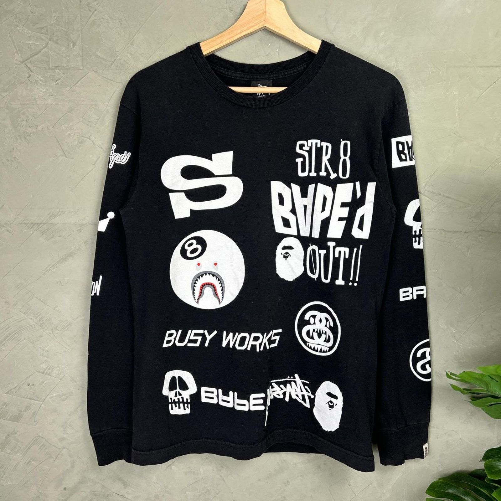 希少 3XL BAPE ロンT 袖プリント STUSSY supreme y2k Bape × Stussy Stussy x Bape 8 Ball Long Sleeve Bathing Ape y2k