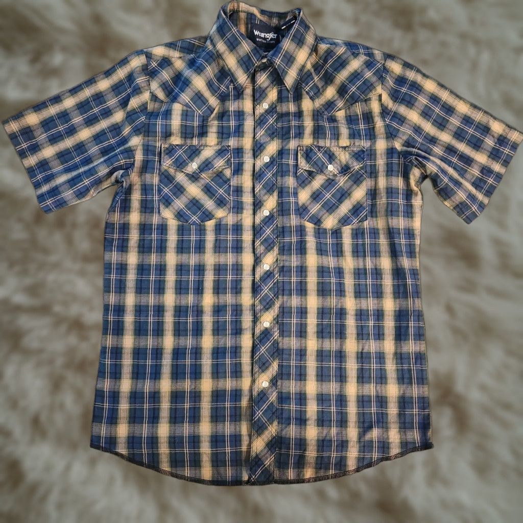Wrangler Wrangler Western Shirt Pearl Snap Mens Medium Blue Tan Plaid Cowboy Rodeo Button-Up Short Sleeve Casual Workwear Mens Size US M / EU 48-50 / 2 - 1 Thumbnail