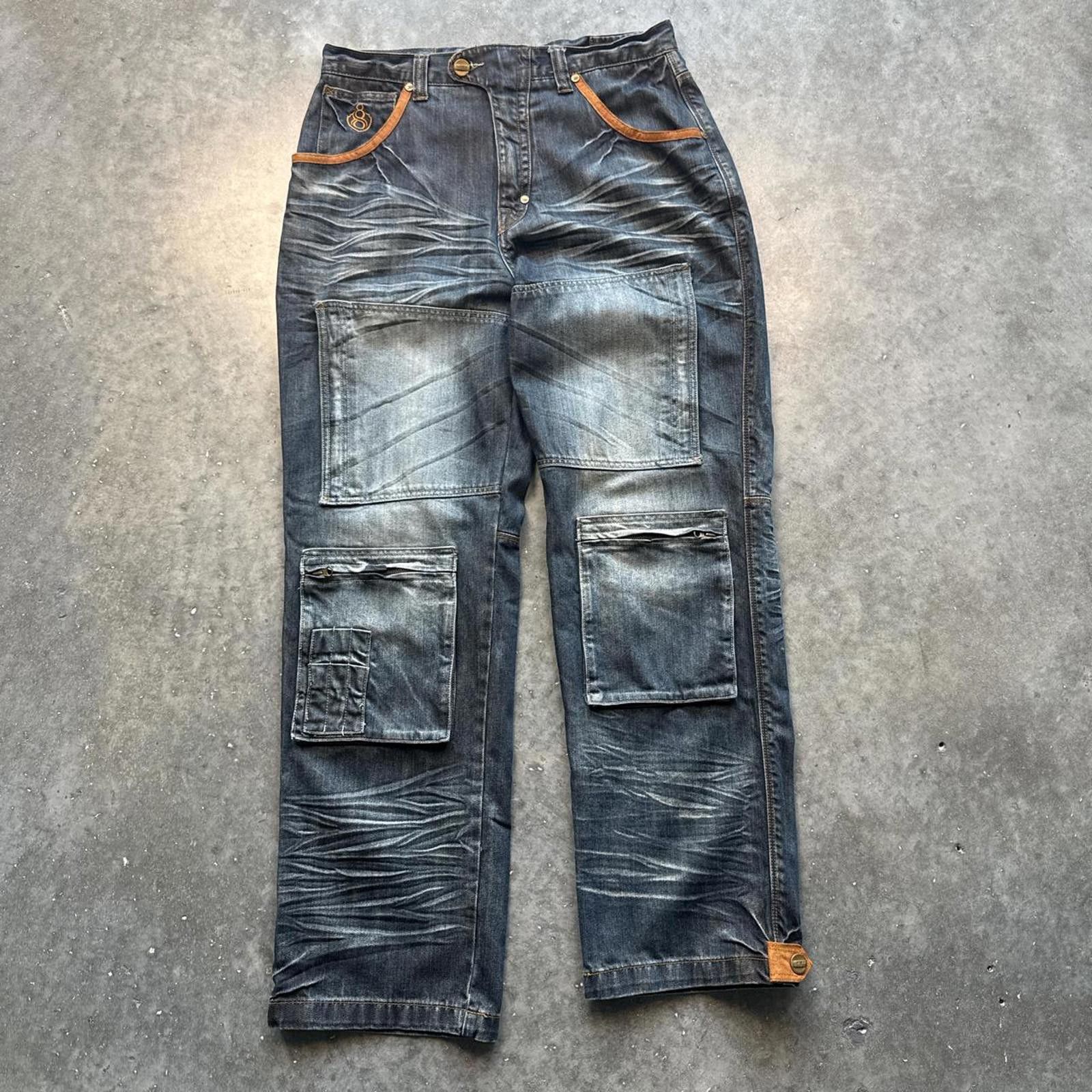 Eighty Eight Eight 732 Vintage 90's Cargo Denim Jeans & Multiple Pockets Size US 34 / EU 50 - 1 Thumbnail