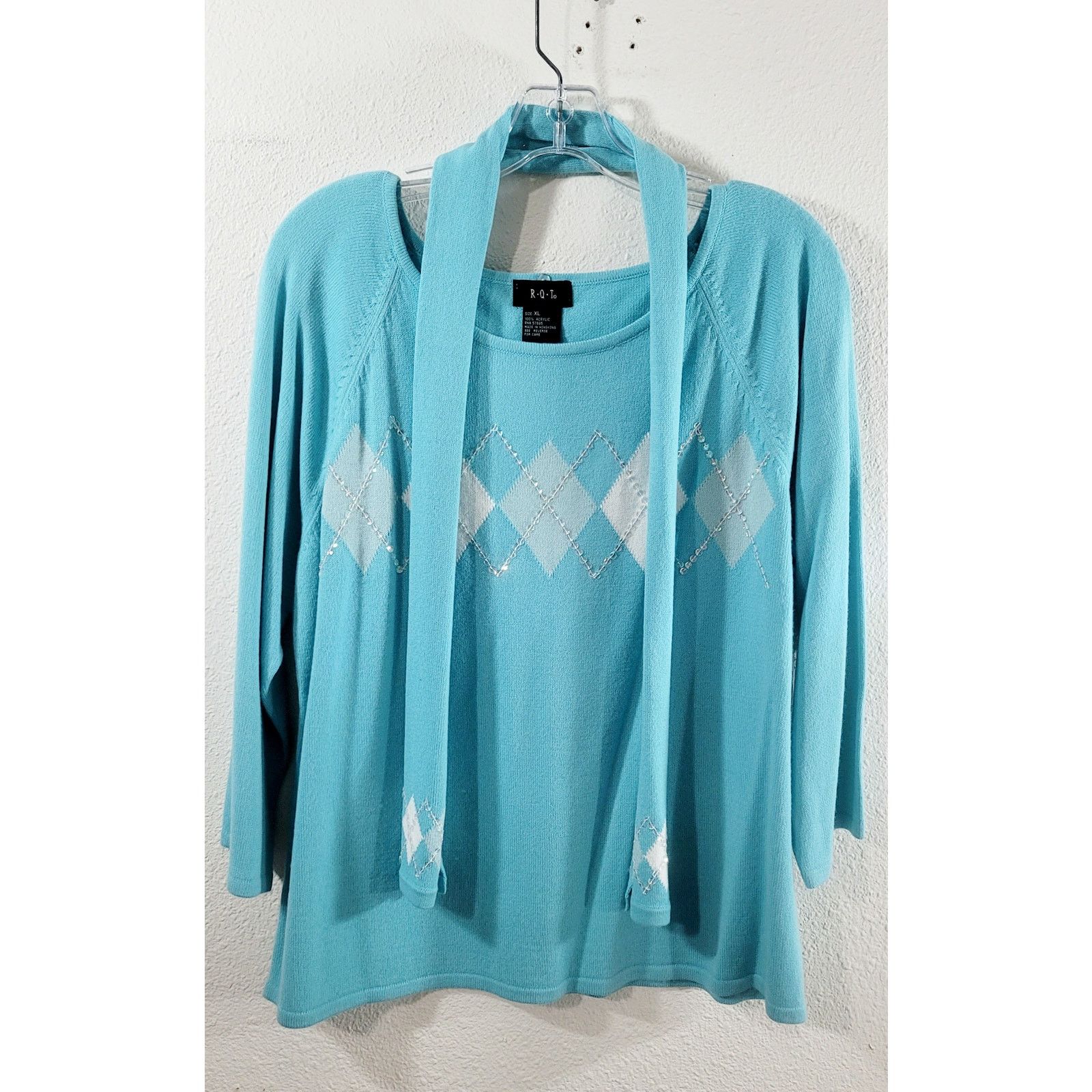 Other RQT Blue White Argyle Print Sequin Sweater Top XL Size XL / US 12-14 / IT 48-50 - 5 Thumbnail