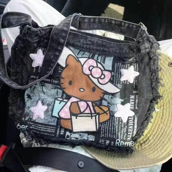 Japanese Brand Hello Kitty Womens Shoulder Bag Denim Embroidery Harajuku Size ONE SIZE - 5 Thumbnail