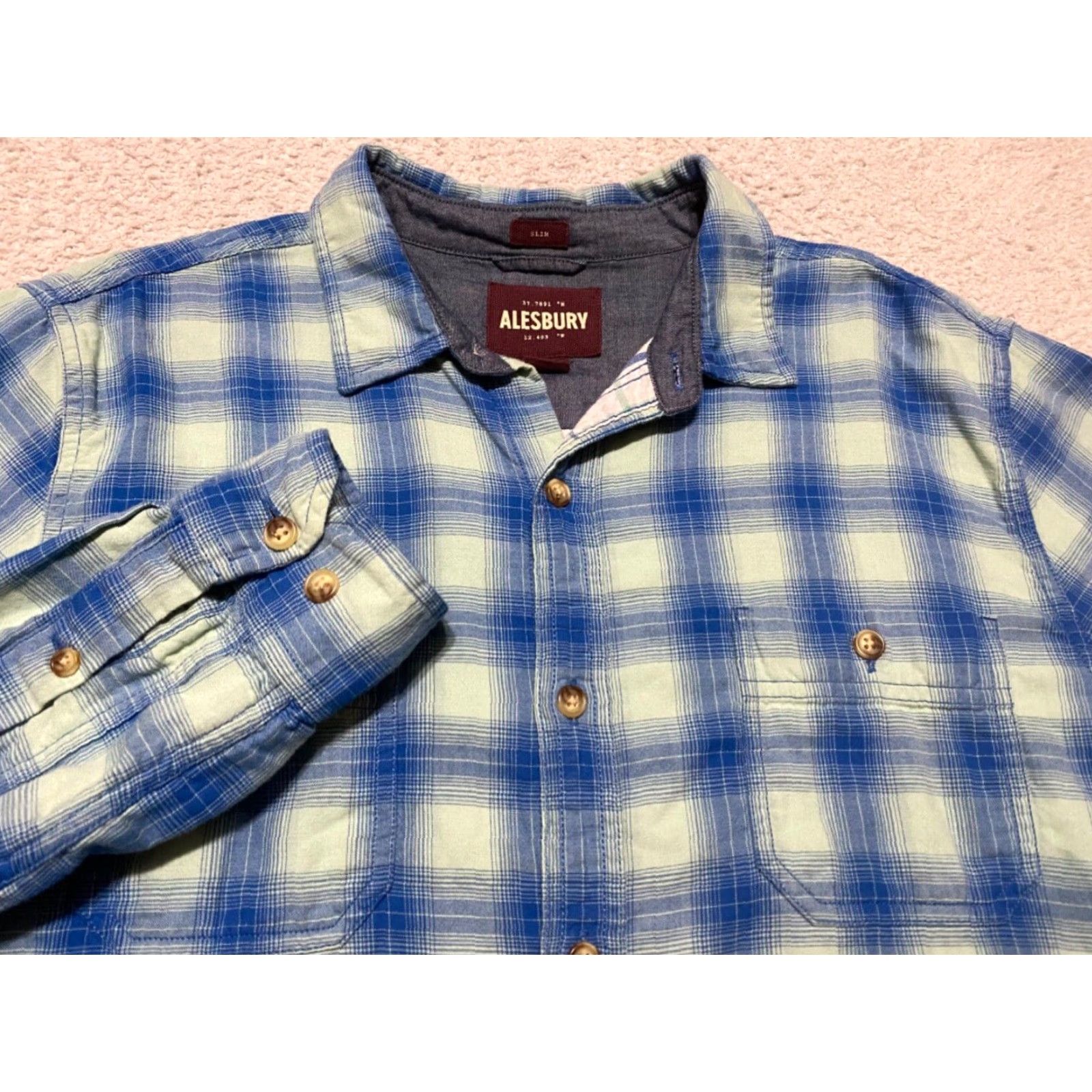 Vintage Alesbury Mens Large Shirt Blue Plaid Long Sleeve Button-Front 100% Cotton Slim Size US L / EU 52-54 / 3 - 2 Thumbnail