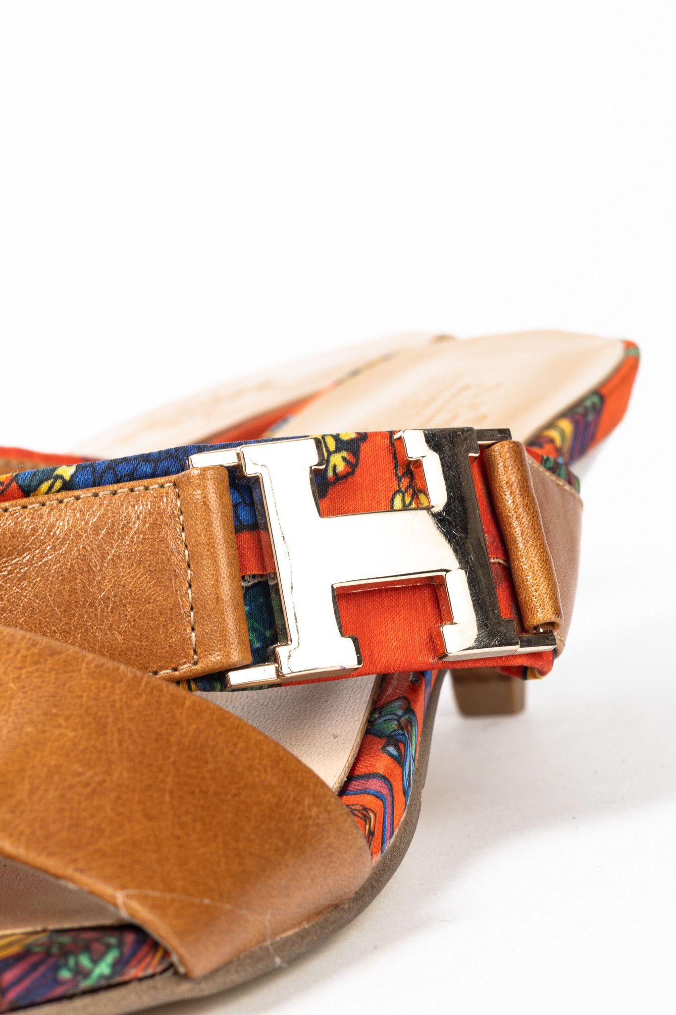 Hermes Hermes Brown Leather & Orange Printed-Silk Mule Sandals Size US 7.5 / IT 37.5 - 9 Thumbnail