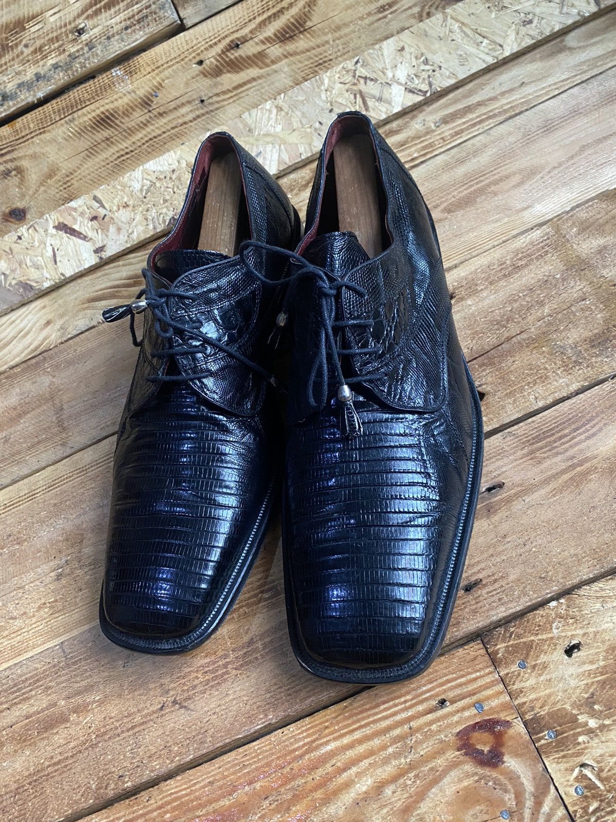image of Vero Cuoio David Eden David Eden Black Exotic Lizard Derby Leather Shoes Uk Size 12, Men's