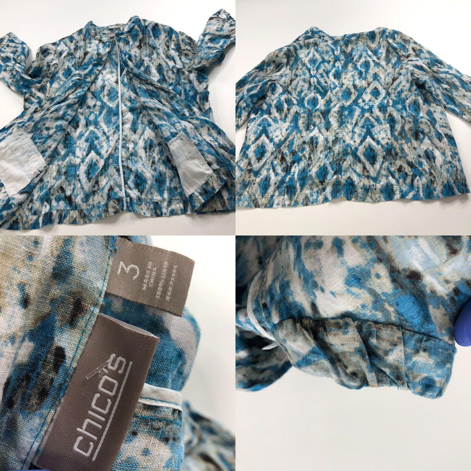 Vintage Chico's Cardigan Womens 3 Blue Linen Open Front All Over Print 100% MINT Size XS / US 0-2 / IT 36-38 - 8 Thumbnail