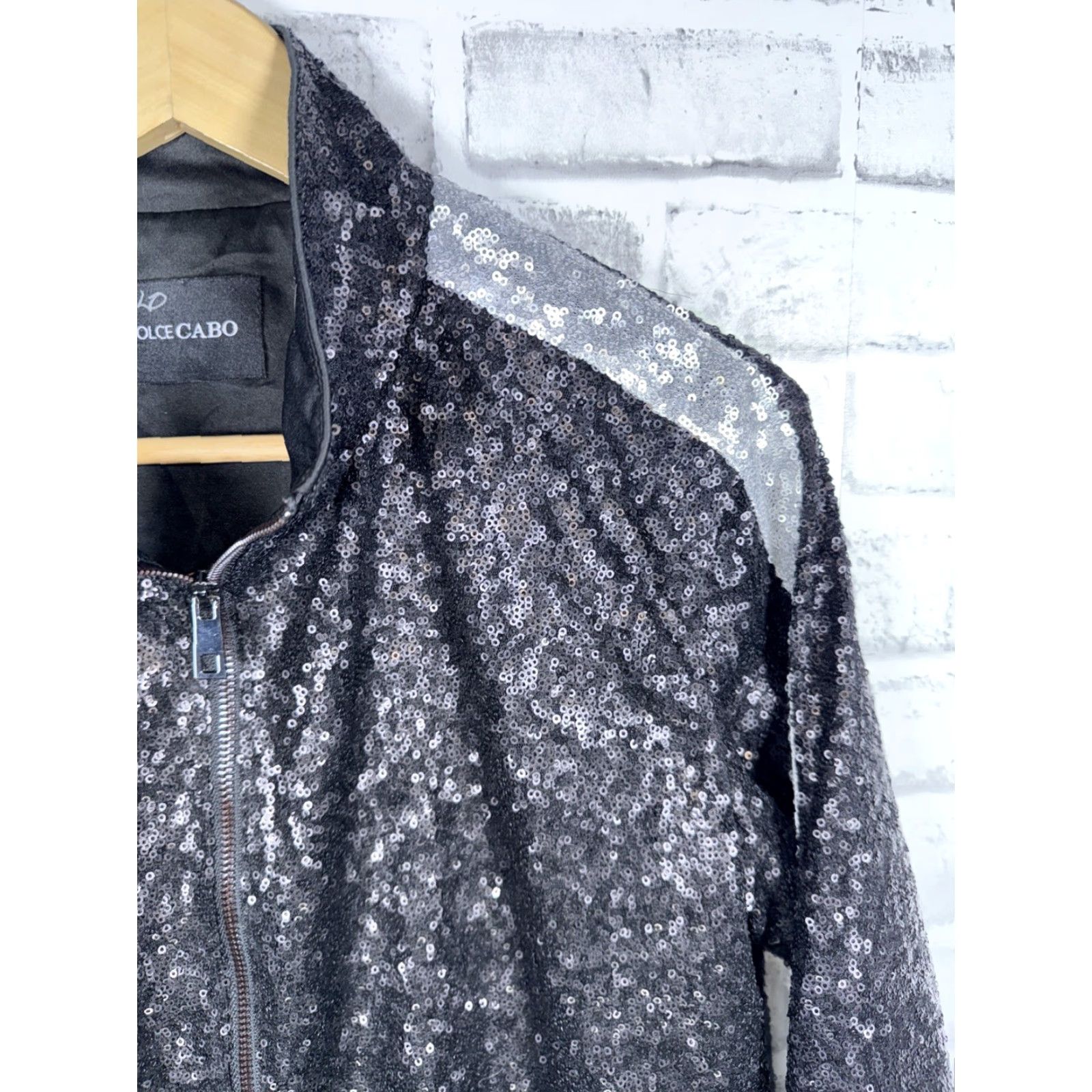 Vintage Dolce Cabo Sequin Full Zip Jacket Womens M Silver Black & Silver Metal Theme Basic Jacket Size M / US 6-8 / IT 42-44 - 3 Thumbnail