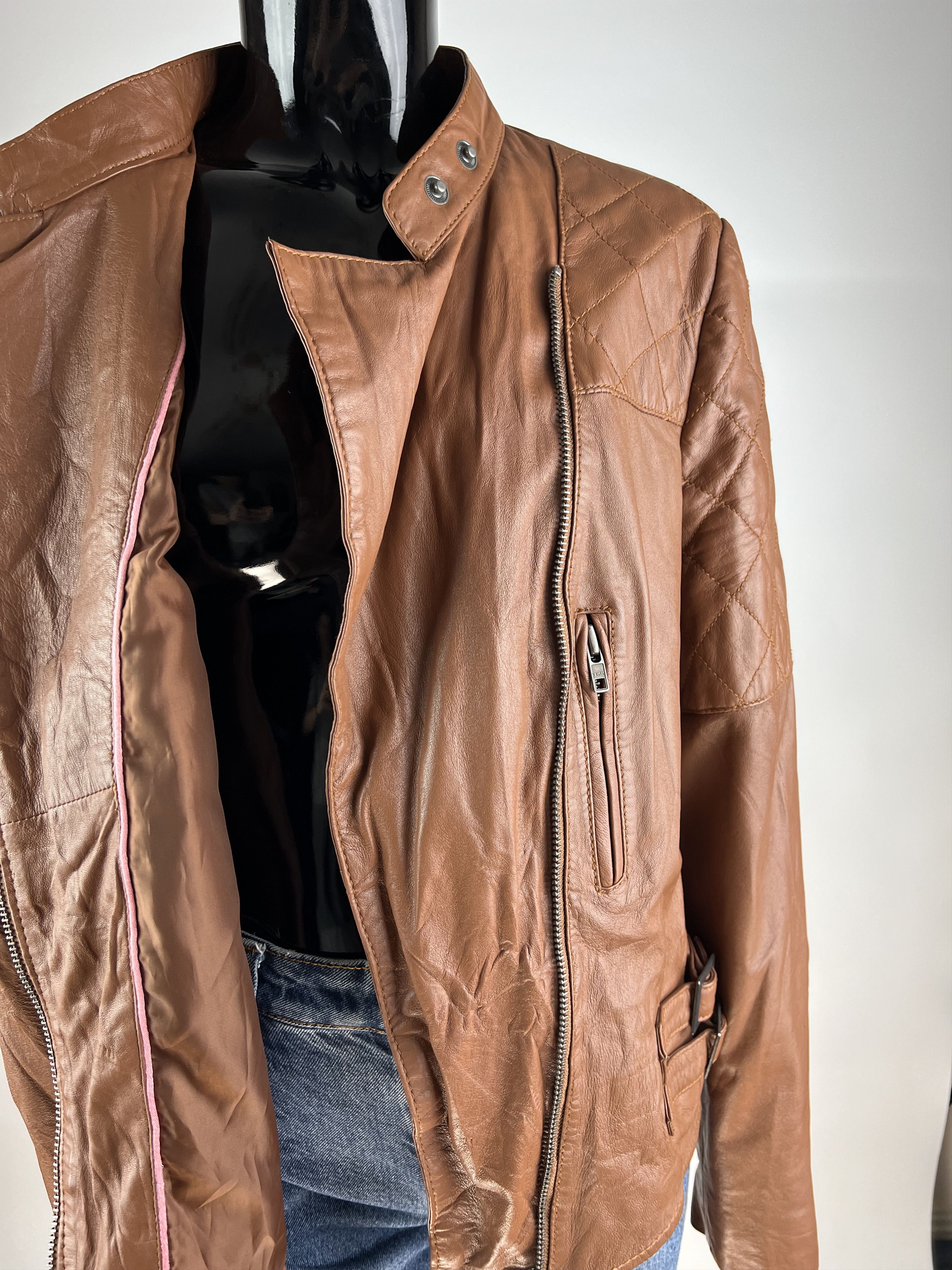 Designer Ibana Women's Brown Leather Biker Jacket Size 46 Size L / US 10 / IT 46 - 7 Thumbnail