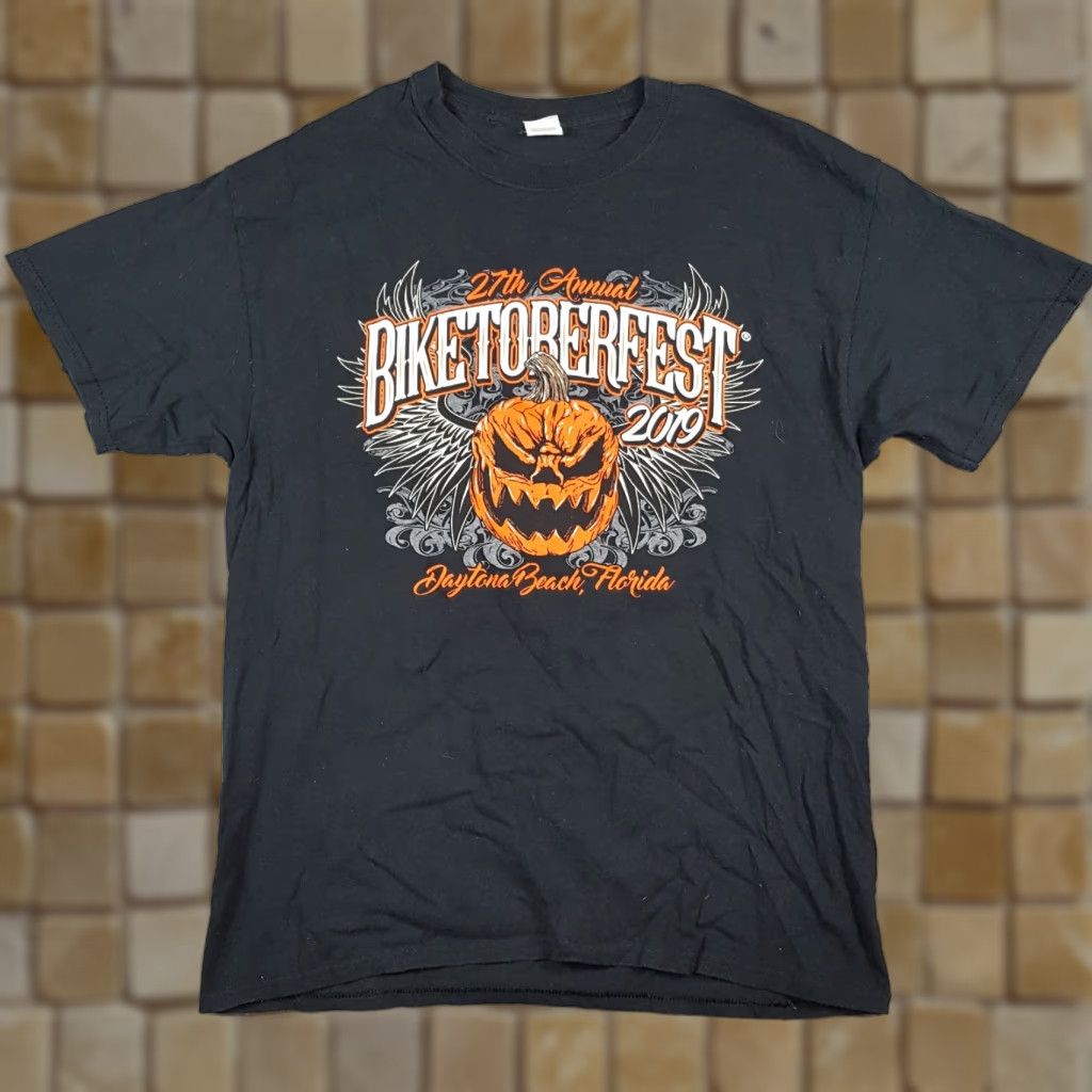 Gildan Octoberfest Daytona Beach Pumpkin Skull Angel Wings Size L Biker Black T Shirt Size US L / EU 52-54 / 3 - 1 Thumbnail