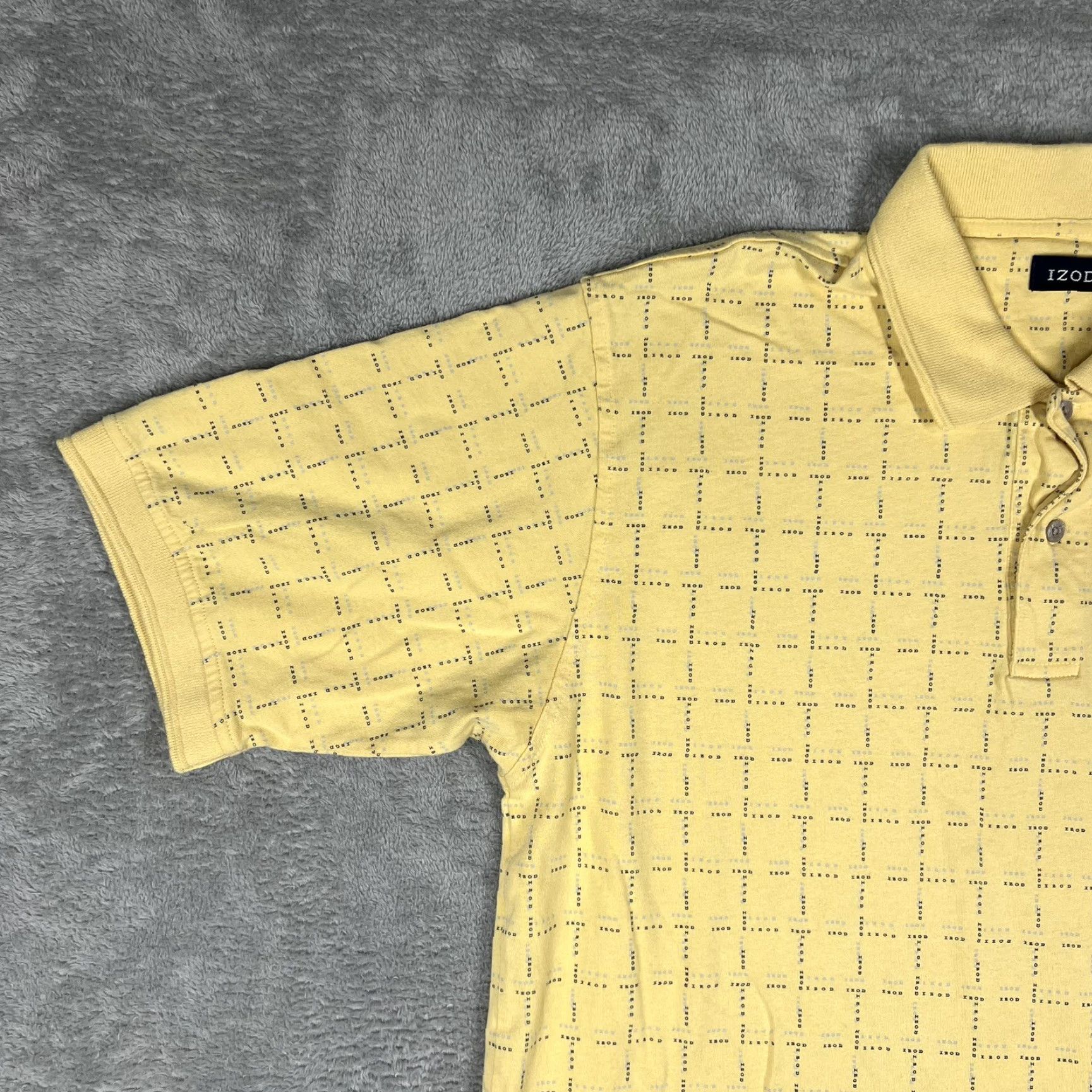 Izod VINTAGE IZOD Polo Shirt Mens Large Striped Text All Over Print Yellow 100% Cotton Short Sleeve Button Closure Casual Rugby Style Retro Modern Mens Size US L / EU 52-54 / 3 - 3 Thumbnail