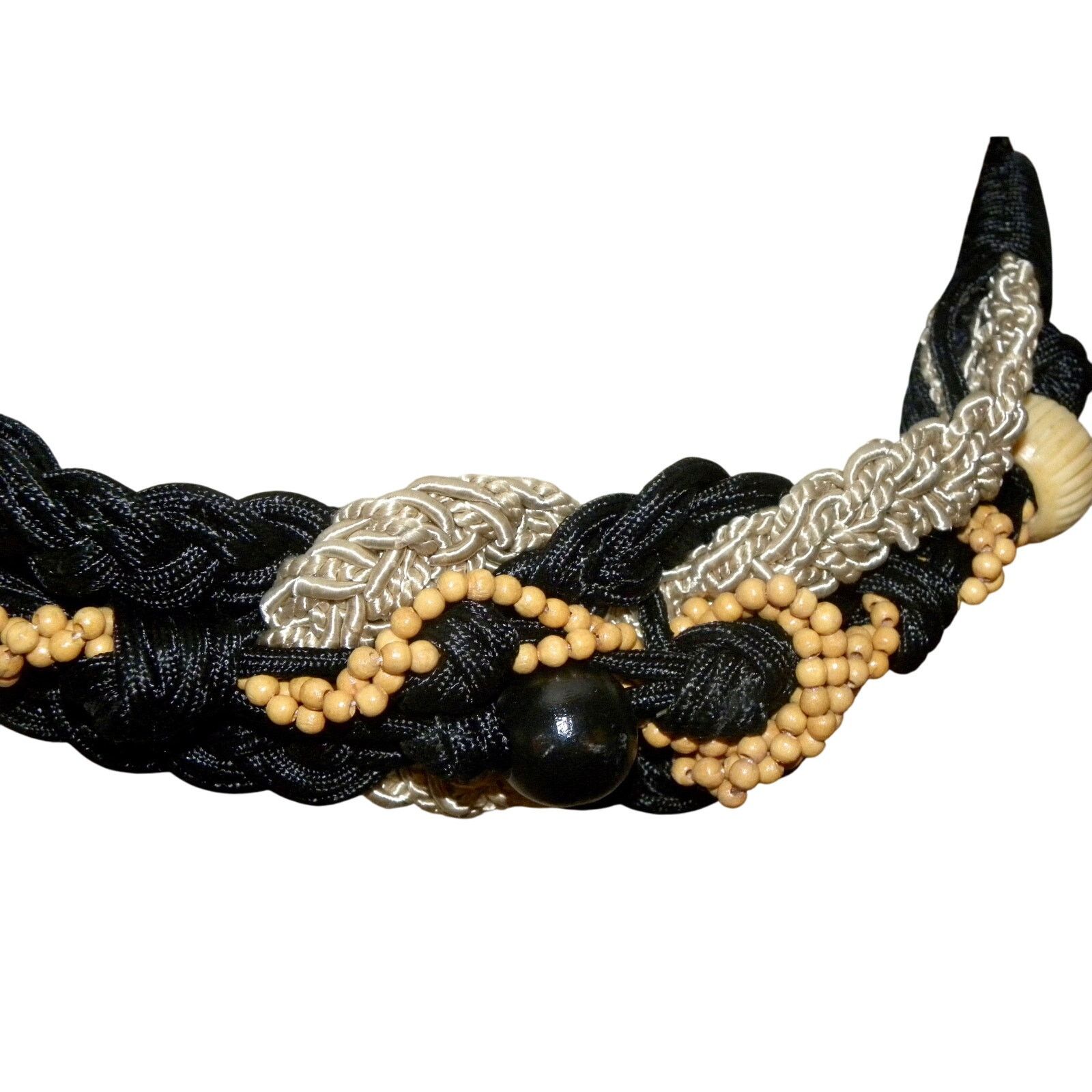 Vintage 80s Boho Cord & Wood Bead Belt | Art to Wear Gypsy Black Tan Size ONE SIZE - 3 Thumbnail