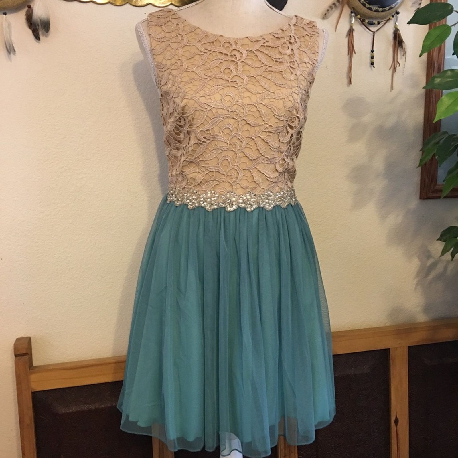 Other Jodi Kristopher tan & teal jeweled cocktail dress Size ONE SIZE - 1 Thumbnail
