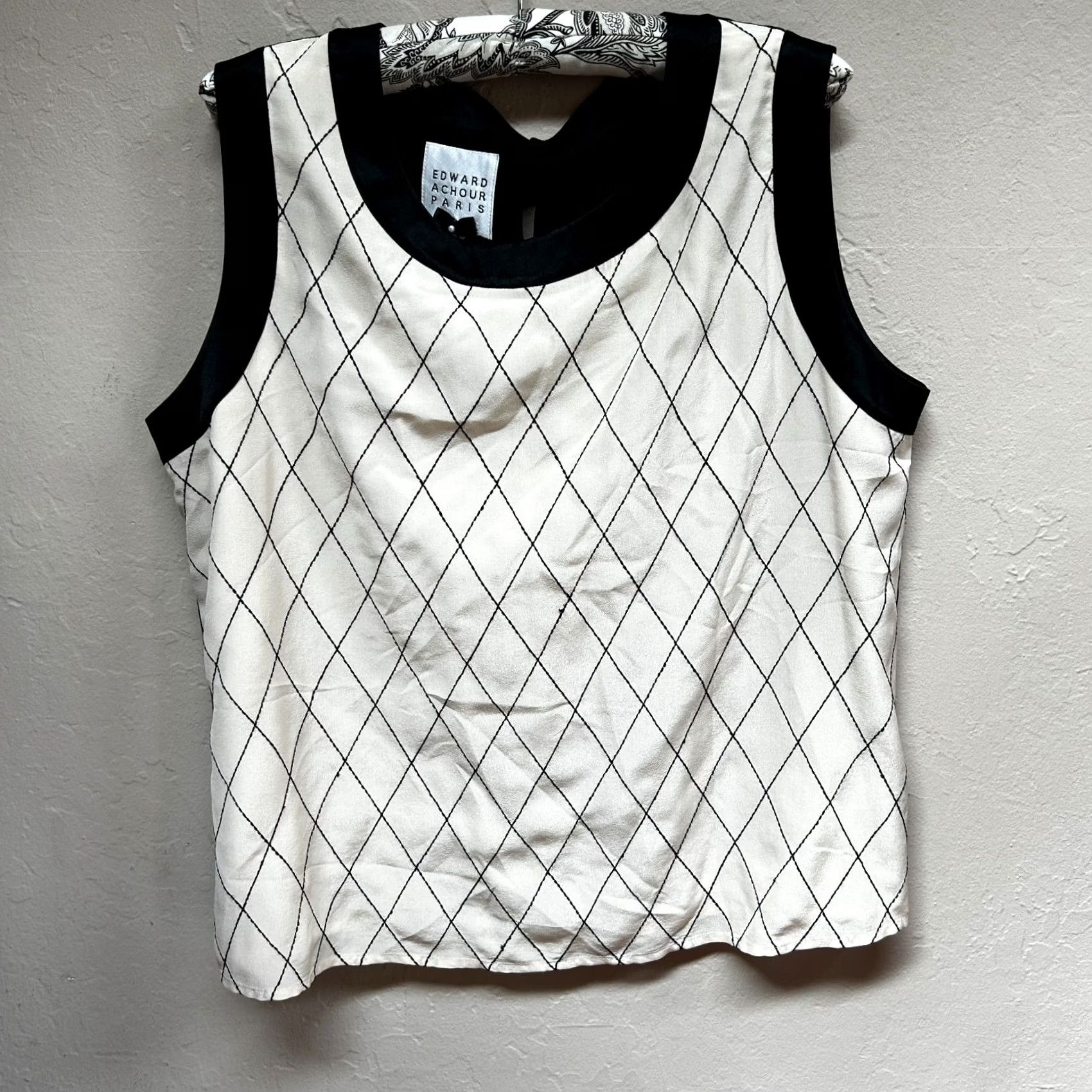 Vintage Edward Achour Paris Womens Sleeveless Silk Top Size 46 Cream/Black Diamond Print Size L / US 10 / IT 46 - 2 Thumbnail