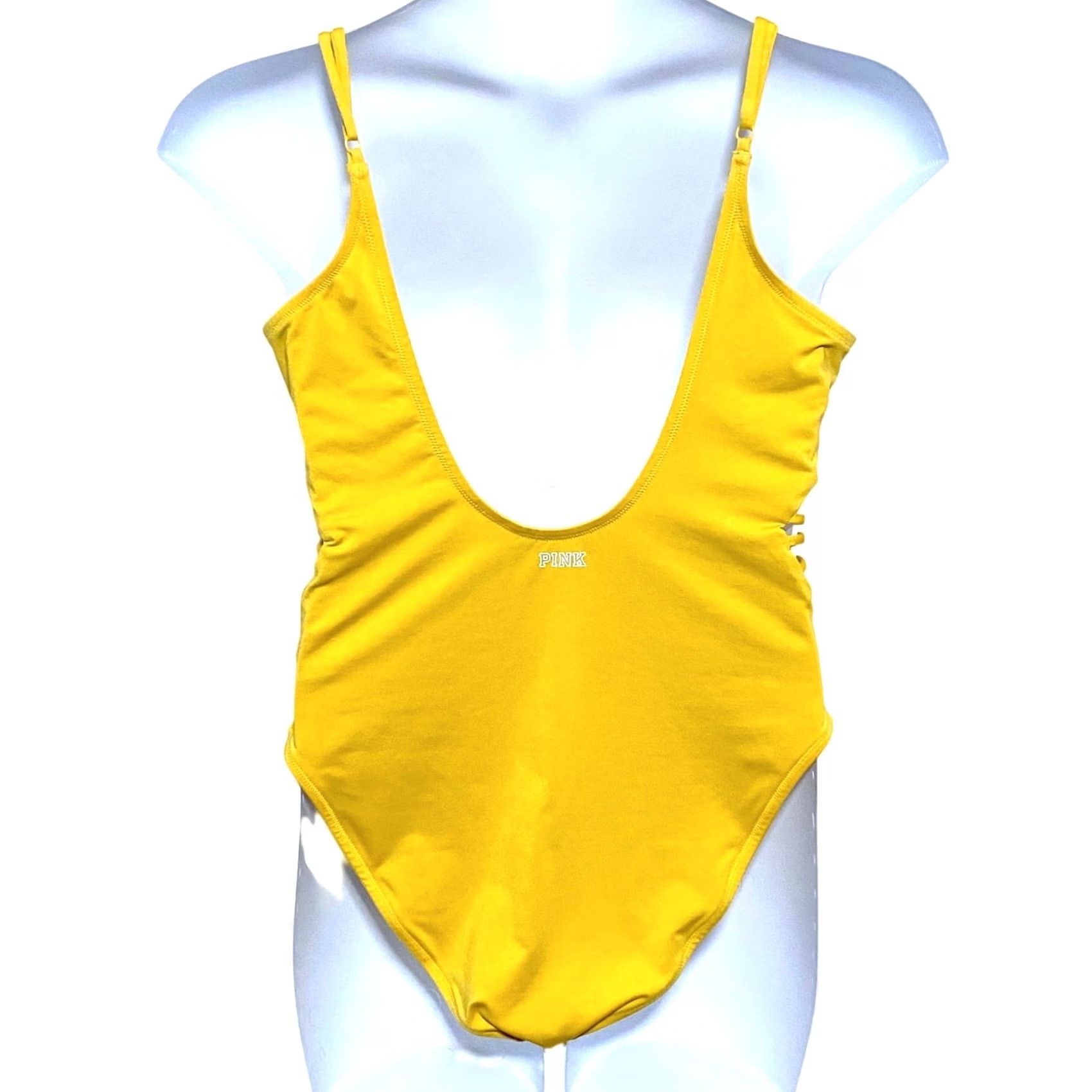 Pinko Victorias Secret Pink Yellow One Piece Swim Suit XL Ribbed Strappy Sides Summer Womens Size XL / US 12-14 / IT 48-50 - 3 Thumbnail