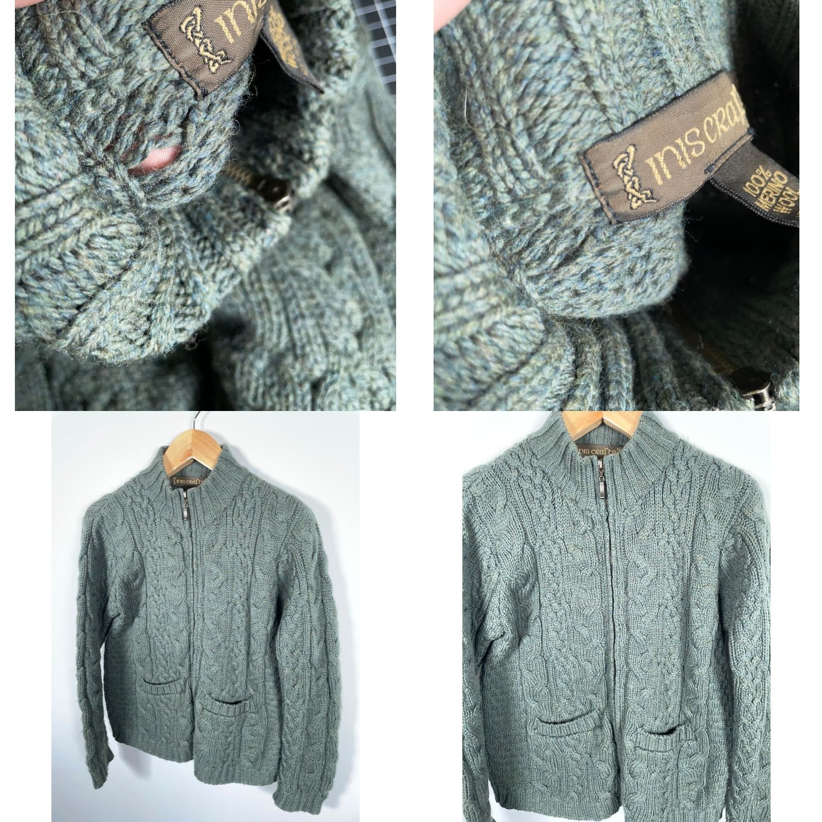 Vintage Inis Crafts Merino Wool Full Zip Sweater Women's Large Green Cable Knit Ireland Size L / US 10 / IT 46 - 8 Thumbnail