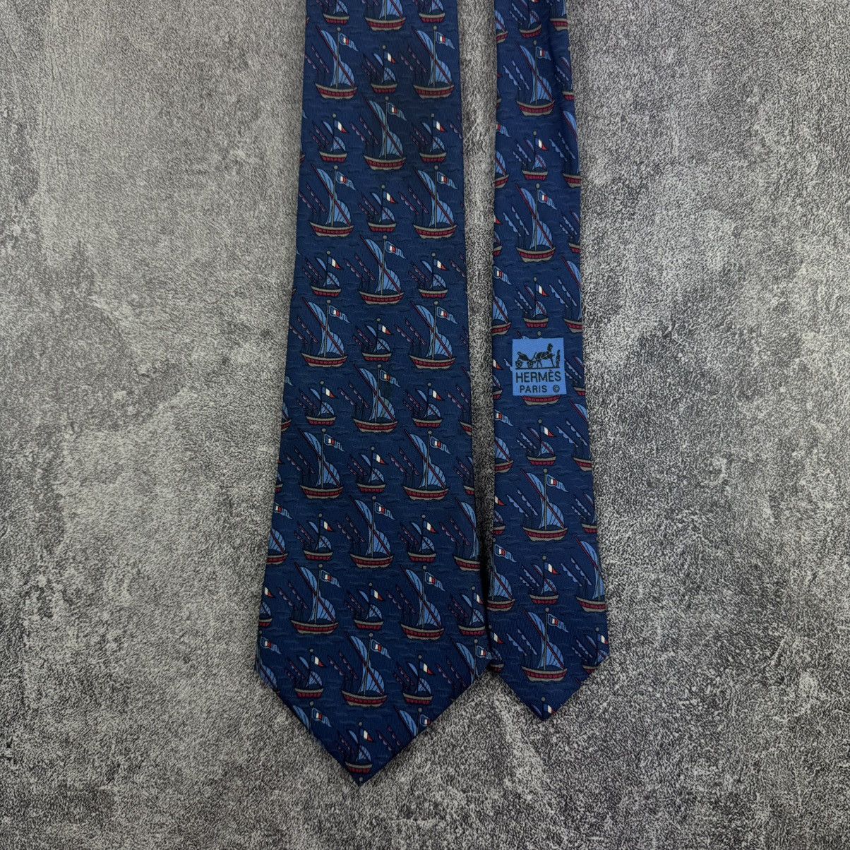 Hermes Hermès Navy Blue Silk Tie / Vintage Tall Ships Pattern Size ONE SIZE - 1 Thumbnail