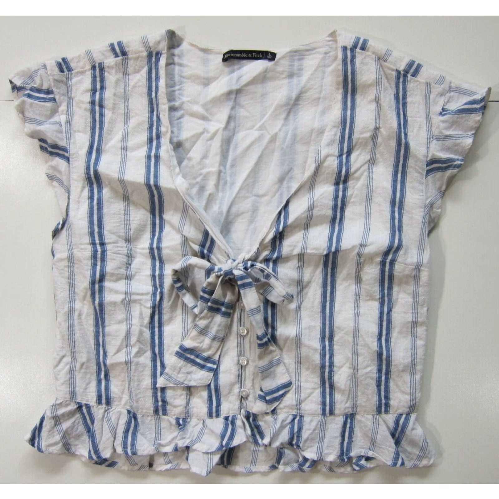 Abercrombie & Fitch Abercrombie & Fitch 100% Cotton Blue White Stripe V-Neck Blouse Large Women Shirt Blues 100% Cotton Stripe V-Neck Ruffle Blouse Large Womens Size L / US 10 / IT 46 - 6 Thumbnail