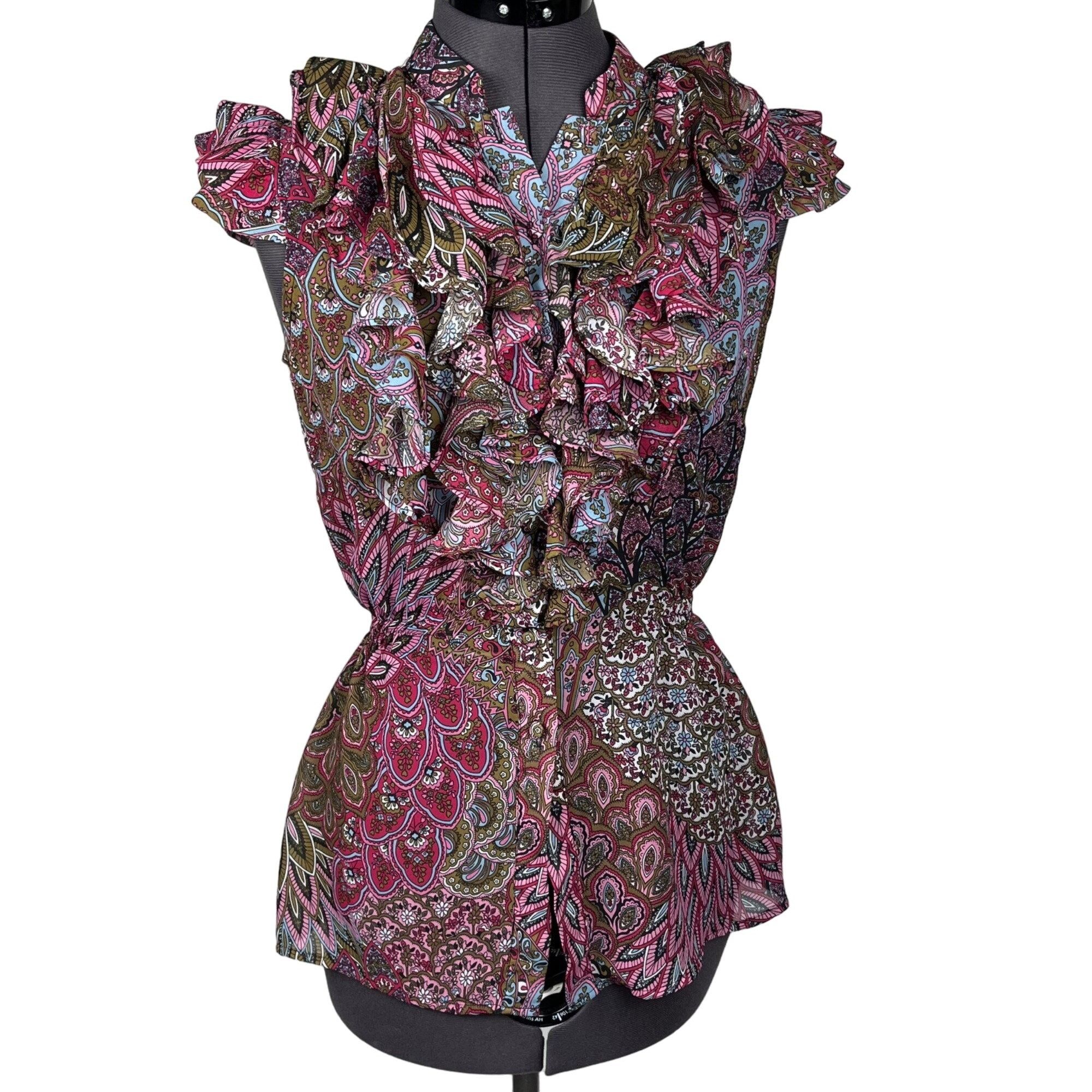 Other Ali & Kris Sleeveless Ruffled Top Elastic Waist V-Neck Chiff Size S / US 4 / IT 40 - 1 Thumbnail