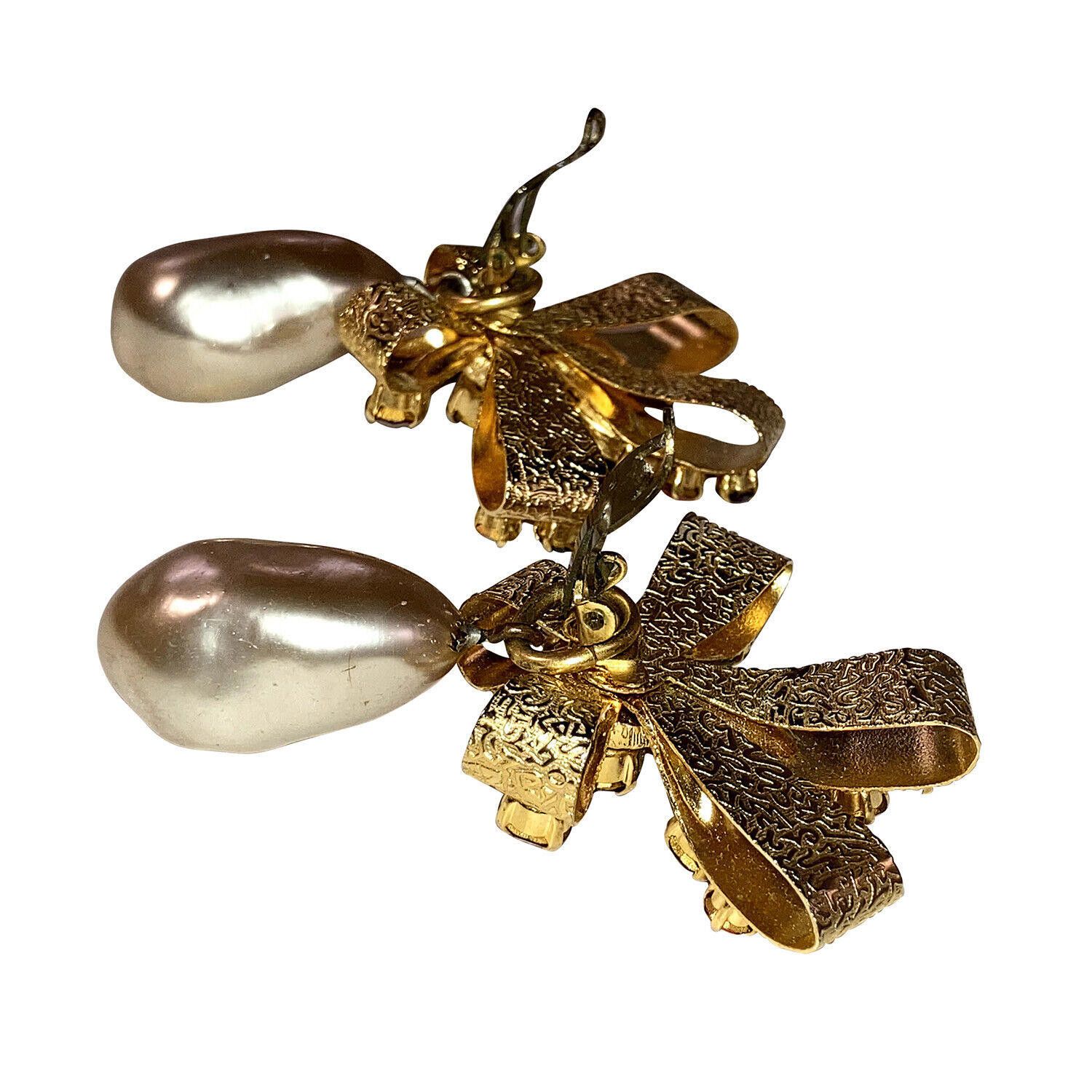 Designer Haute Couture Gold Bow Rhinestone Simulated Pearl Earrings Size ONE SIZE - 4 Thumbnail