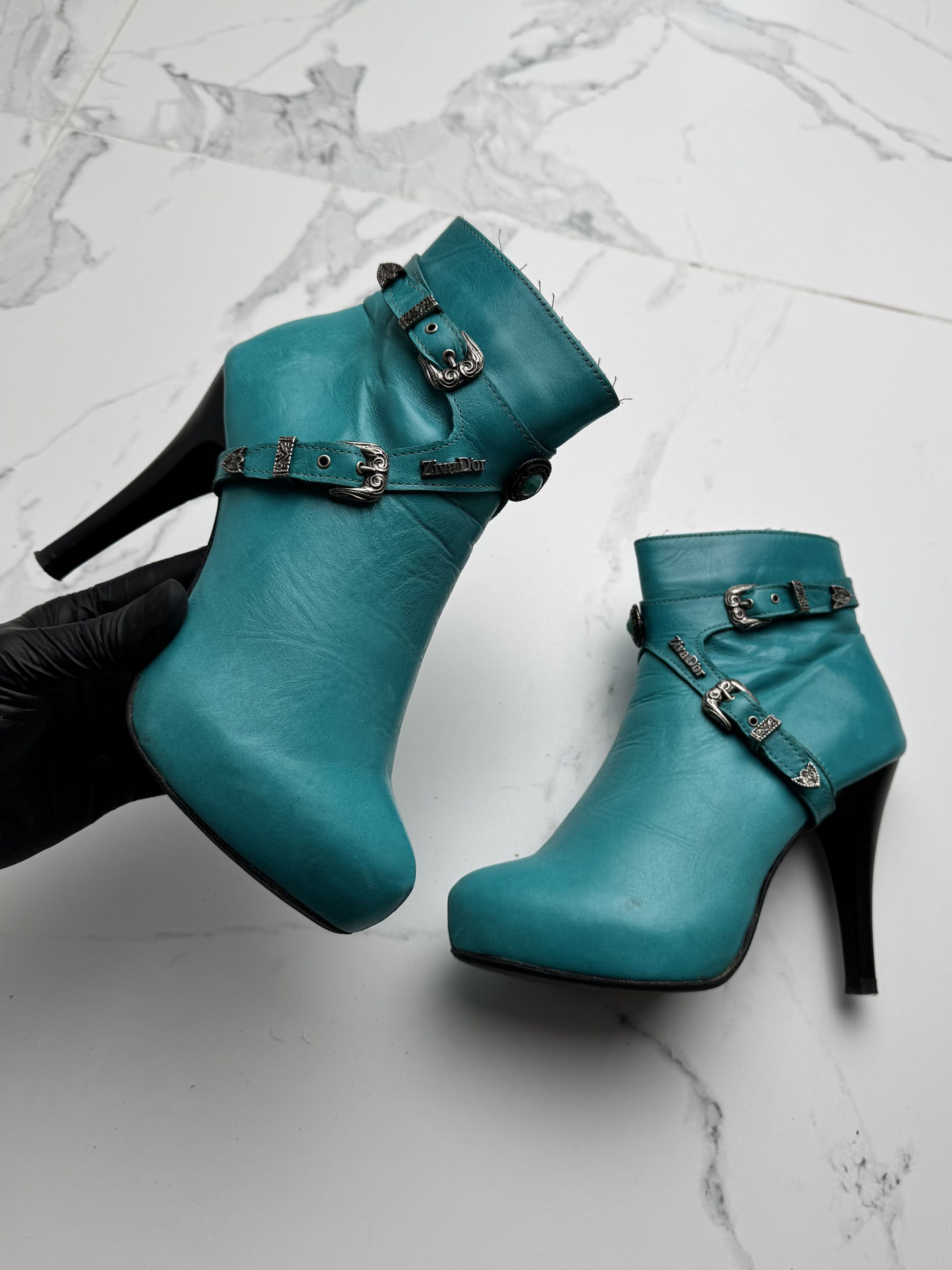 Vintage Y2K Turquoise High Heel Ankle Boots Leather Buckle Booties Size US 6 / IT 36 - 1 Thumbnail