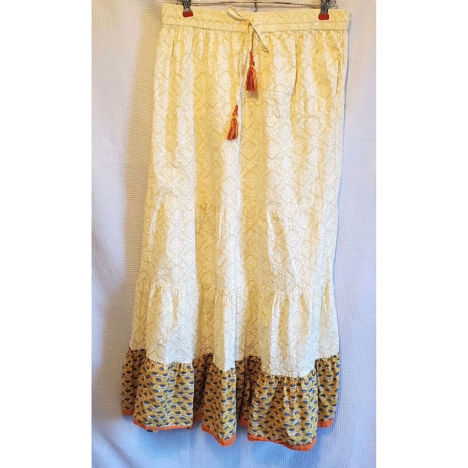 Vintage Womens Tiered Maxi Skirt Yellow Damask Peasant Summer Size 36" / US 14 / IT 50 - 2 Thumbnail