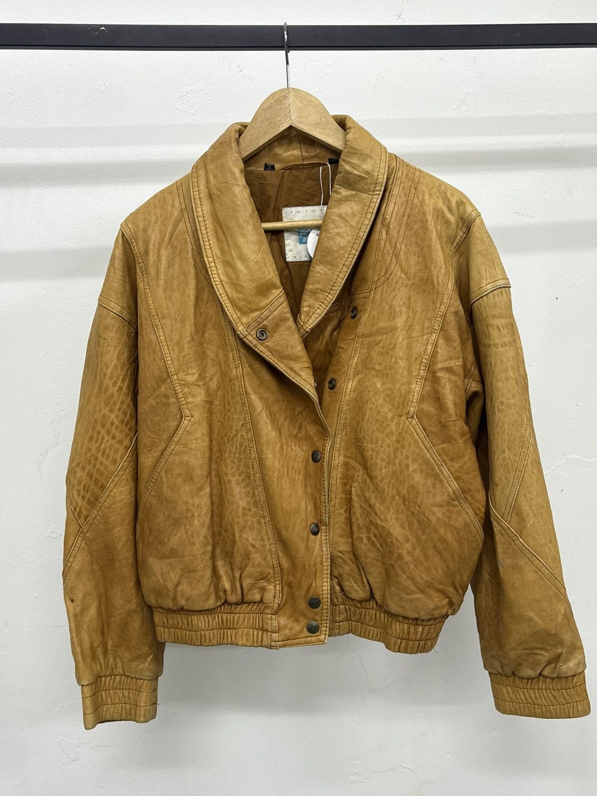 Rare Vintage 80s Patina Leather Bomber Jacket Double Collar