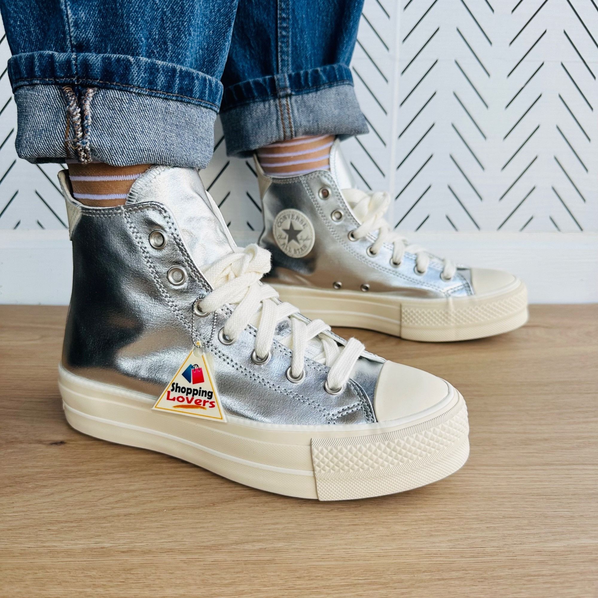 ⭐CONVERSE All Star Lift Hi Women Shoes Metallic Silver S