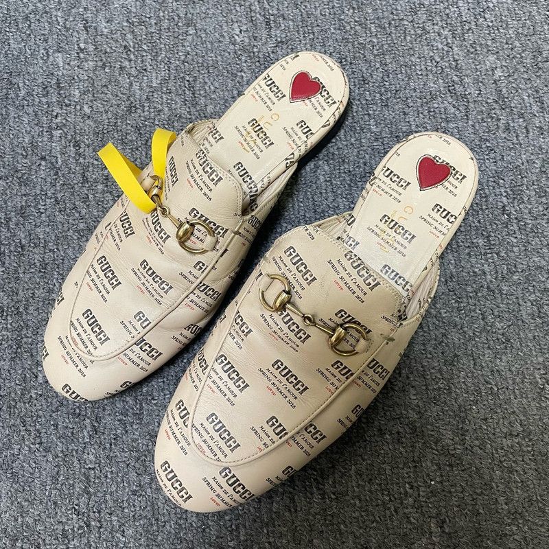 Gucci Gucci Beige Leather Patterned Casual Slippers 0079 Size US 7.5 / EU 40-41 - 1 Thumbnail