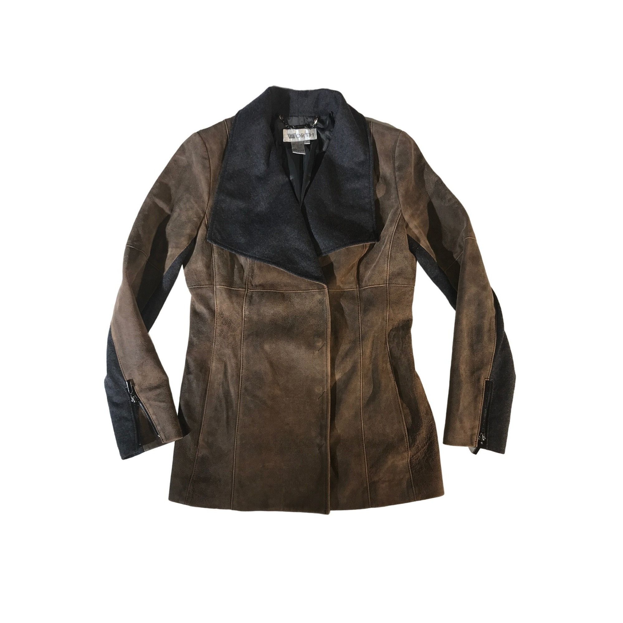 Vintage Worth Women's Brown Leather and Grey Wool Accents Core Coat Size M / US 6-8 / IT 42-44 - 1 Thumbnail