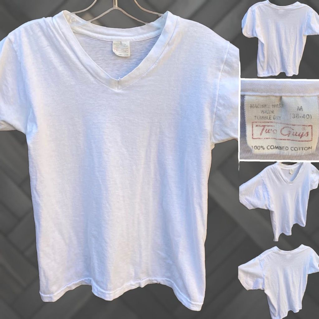 Vintage VINTAGE Two Guys White V-Neck T-Shirt - Shirt - Men M - 100% Cotton - Single Stitch - Made in USA Size US M / EU 48-50 / 2 - 1 Thumbnail