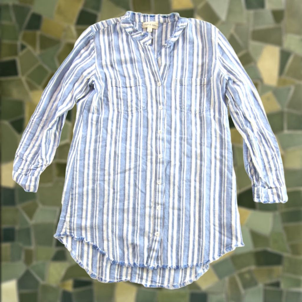 CLOT Cloth & Stone Blouse Blue White Stripe Linen Rayon Button Up Long Sleeve Tunic M Womens Size M / US 6-8 / IT 42-44 - 1 Thumbnail