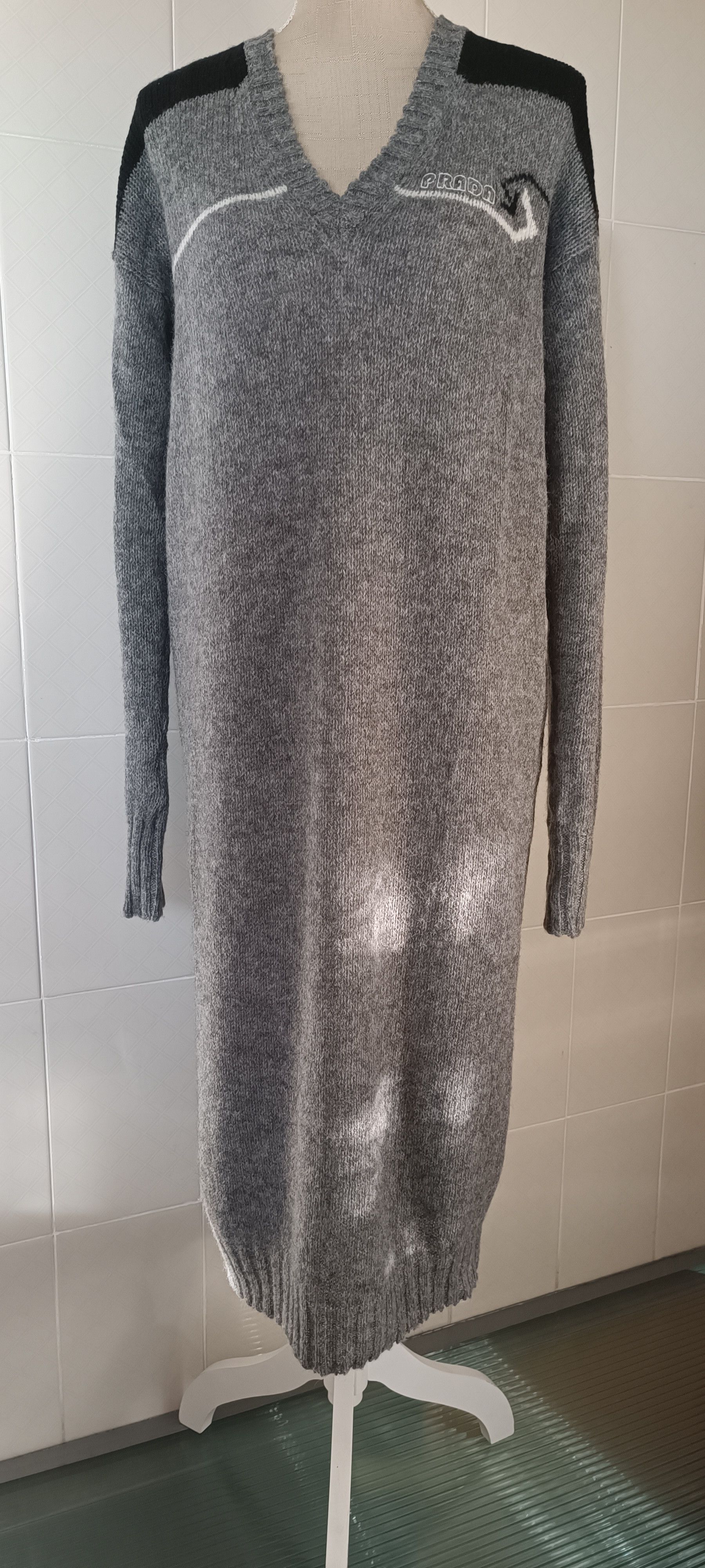 Prada Gray wool maxi dress - V-neckline Size L / US 10 / IT 46 - 1 Thumbnail
