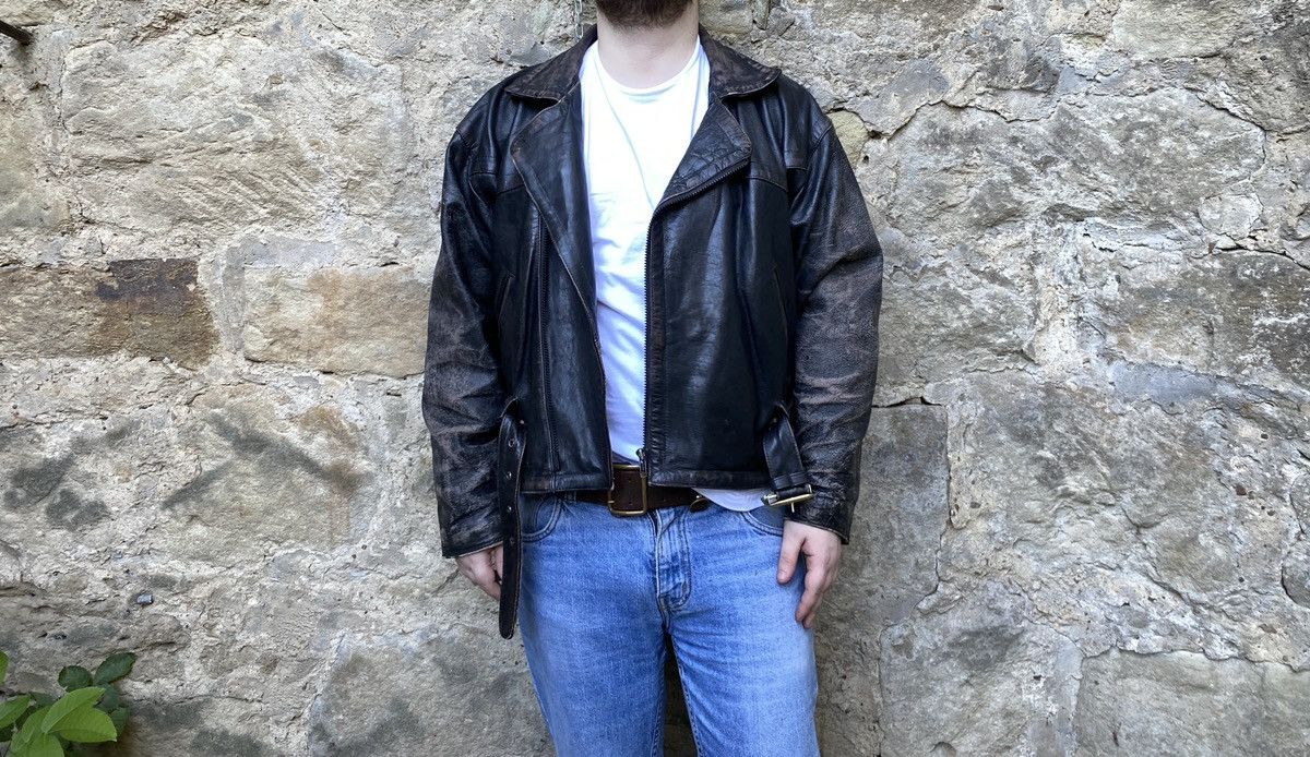 Vintage Retro style 50s Motorcycle Distressed Leather Biker Jacket Size US XL / EU 56 / 4 - 22 Thumbnail