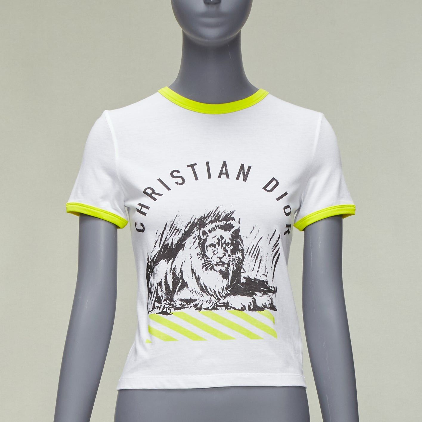 image of Dior 2022 Logo Lion Graphic Print Yellow Cropped White Cotton Ringer Tshirt Xs, Women's (Size Small
