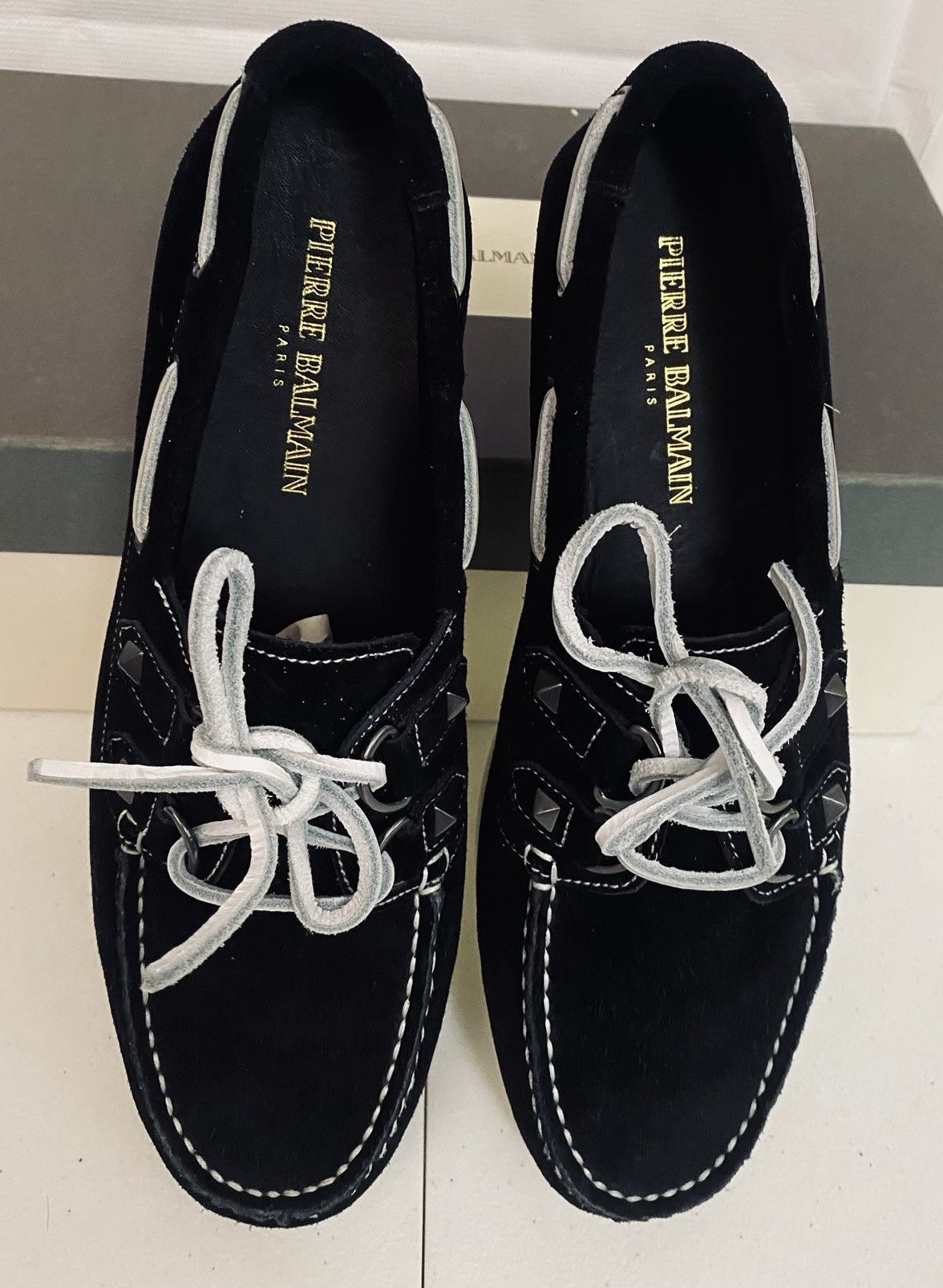 Pierre Balmain Balmain Black Suede Medal Dual Stud Contrast Boatshoe 40 New Size US 9 / IT 39 - 10 Thumbnail