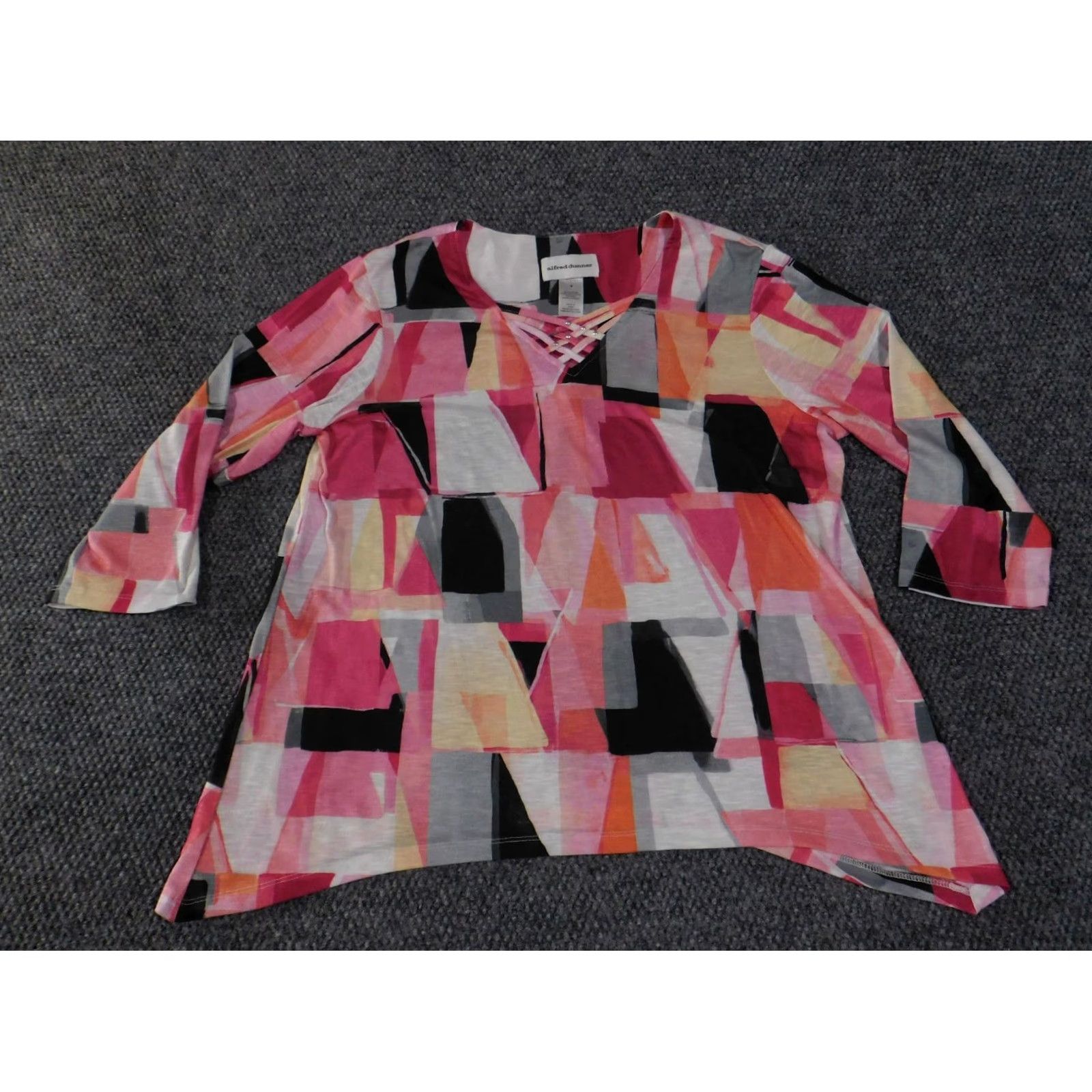 Vintage Alfred Dunner Blouse Womens Medium Pink Geometric 3/4 Sleeve Round Neck Pullover Casual Lightweight Stretch Vintage No Size M / US 6-8 / IT 42-44 - 3 Thumbnail