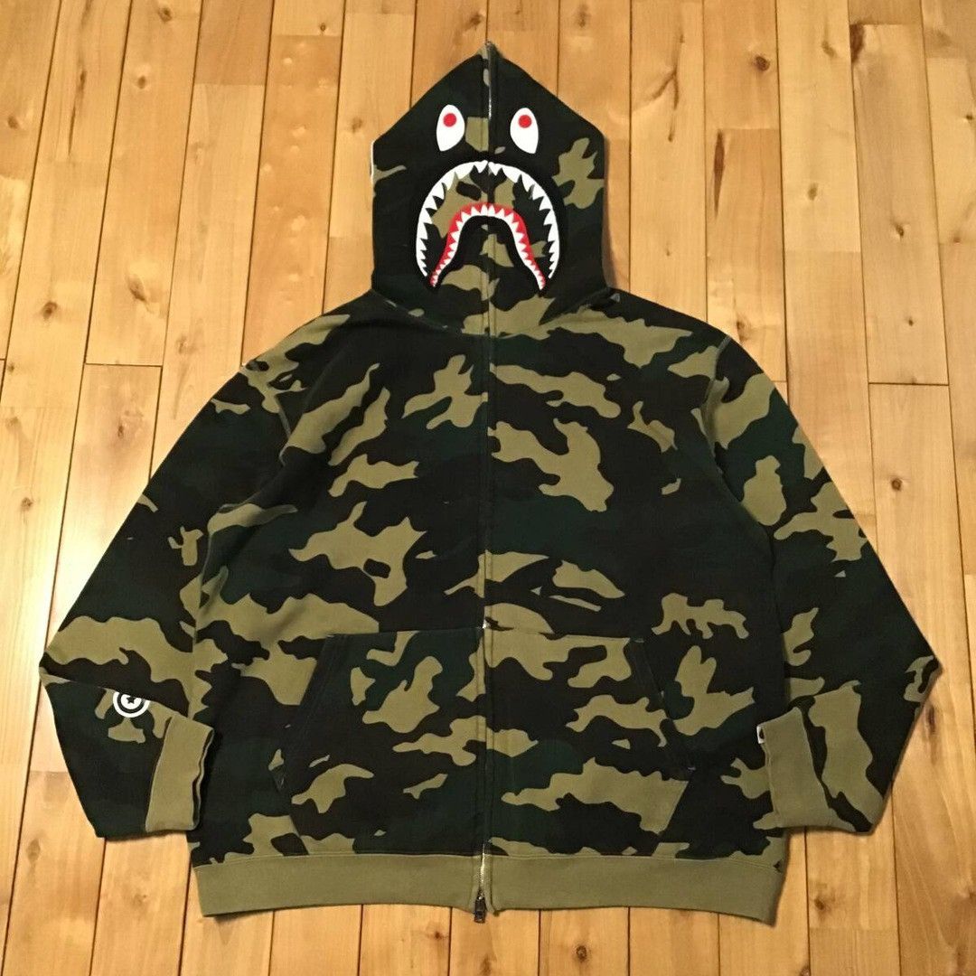 トップス APE bape woodland camo loose fit hoodie BAPE WOODLAND CAMO LOOSE FIT FULL ZIP HOODIE - OLIVE