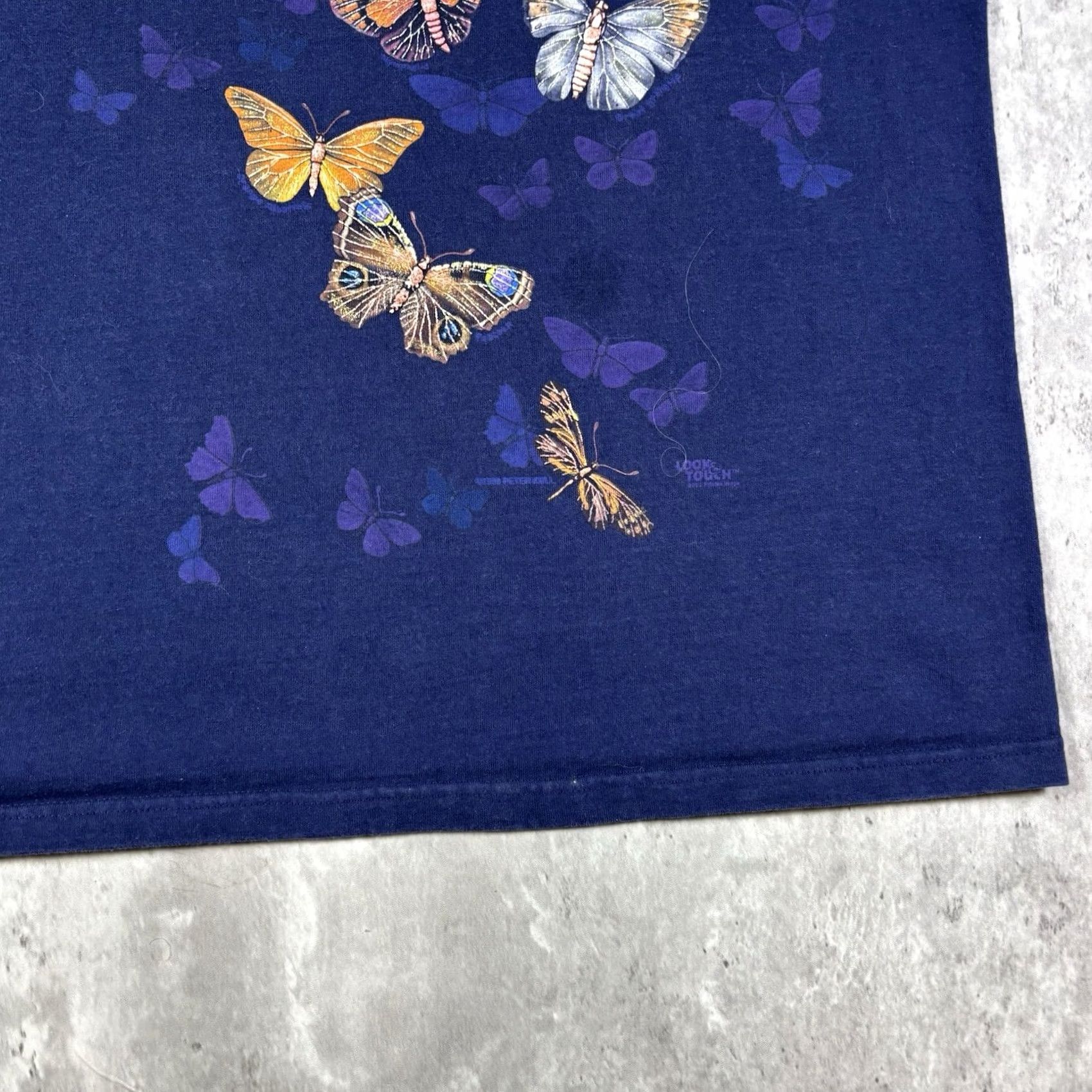 Fruit Of The Loom VINTAGE 90s Buttfly All Over Print Art Nature T Shirt Navy Blue Mens XL Graphic Print Cotton Crew Neck Short Sleeve Fruit of the Loom Regular Size US XL / EU 56 / 4 - 4 Thumbnail