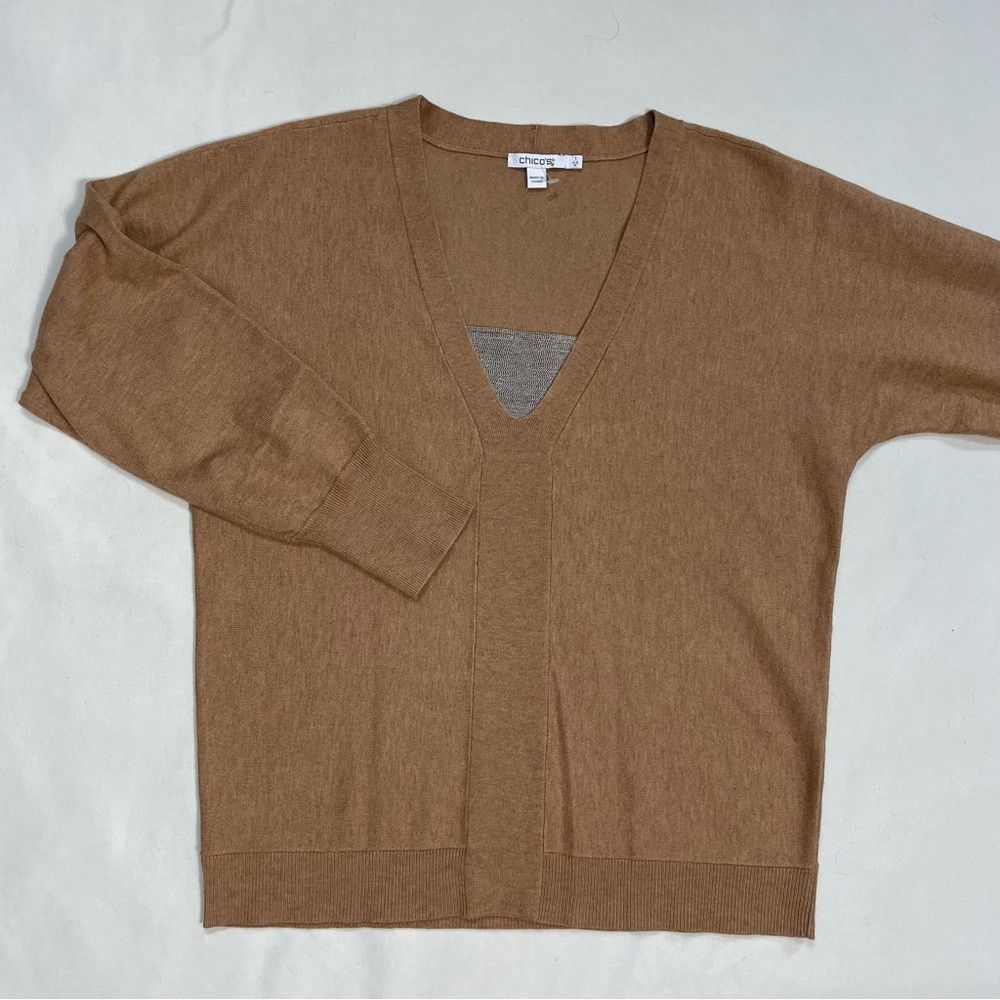 Chicos New Chico's Caviar Bead V-Neck Pullover Tan Sweater Size 1 Size M / US 6-8 / IT 42-44 - 6 Thumbnail