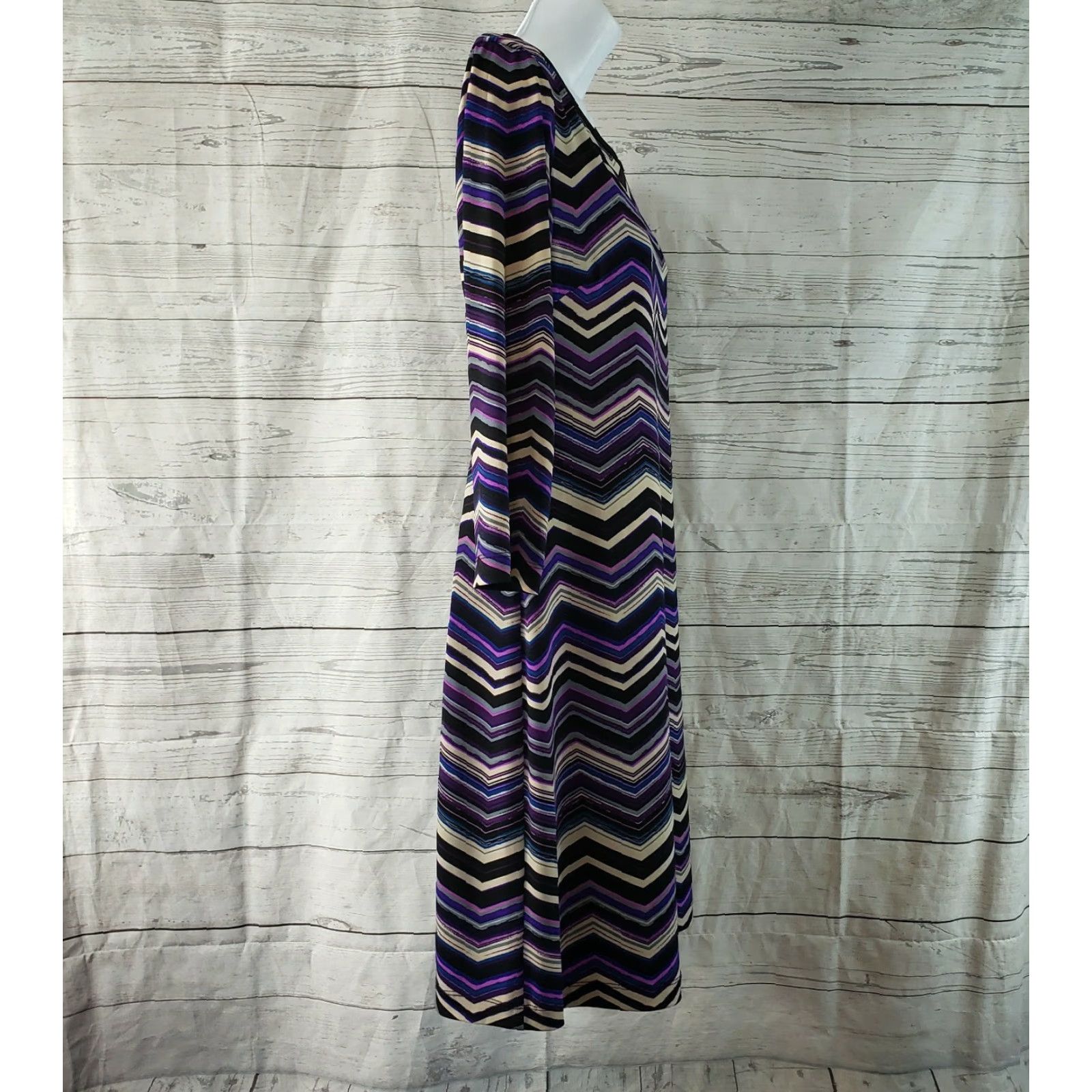 Vintage Eliza J Womens Shift Dress 10P Purple Chevron 3/4 Sleeve Knee Length Petites Womens Dress Size L / US 10 / IT 46 - 4 Thumbnail