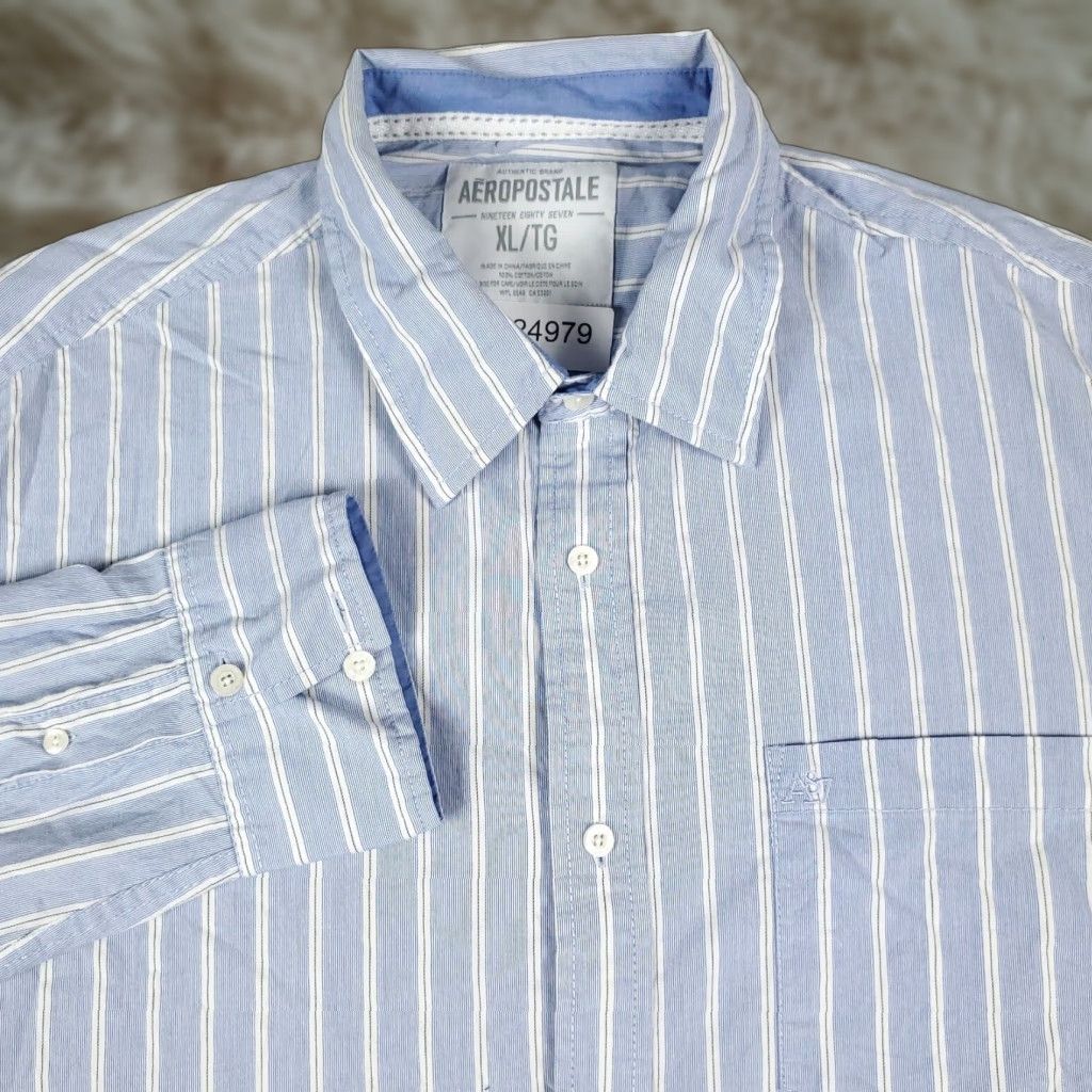 Vintage AeroPostale Mens Button-Up Shirt XL Blue White Striped Cotton Blend Long Sleeve Casual Formal N/A Mens Size US XL / EU 56 / 4 - 1 Thumbnail