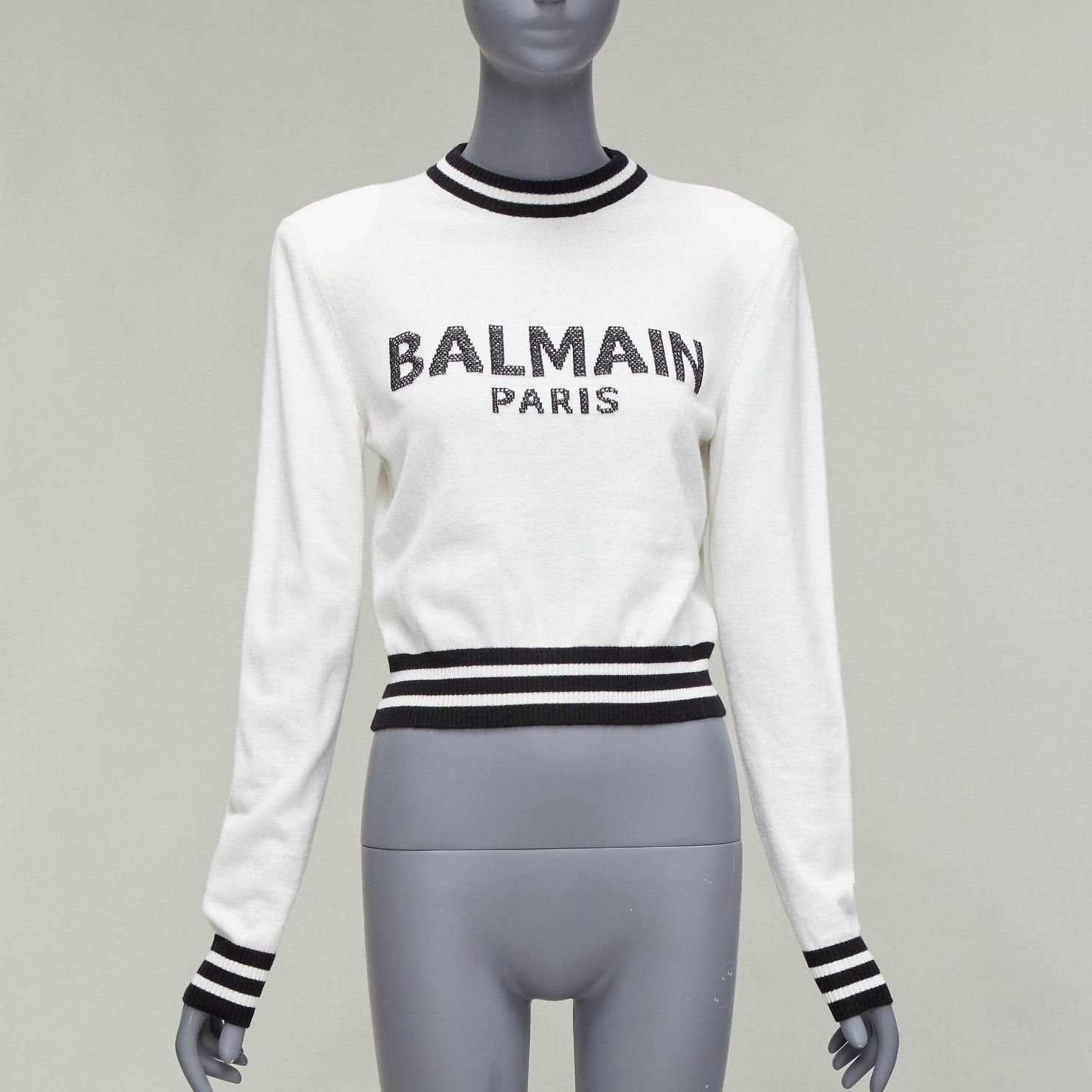 image of Balmain Cream Black Wool Cashmere Logo Padded Shoulder Sweater Fr34 Xs, Women's