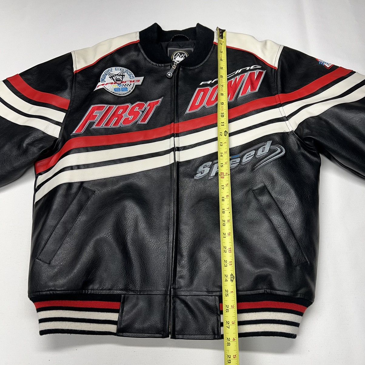 VTG First Down Leather Racing Jacket Black Coat Gear Zip Y2K