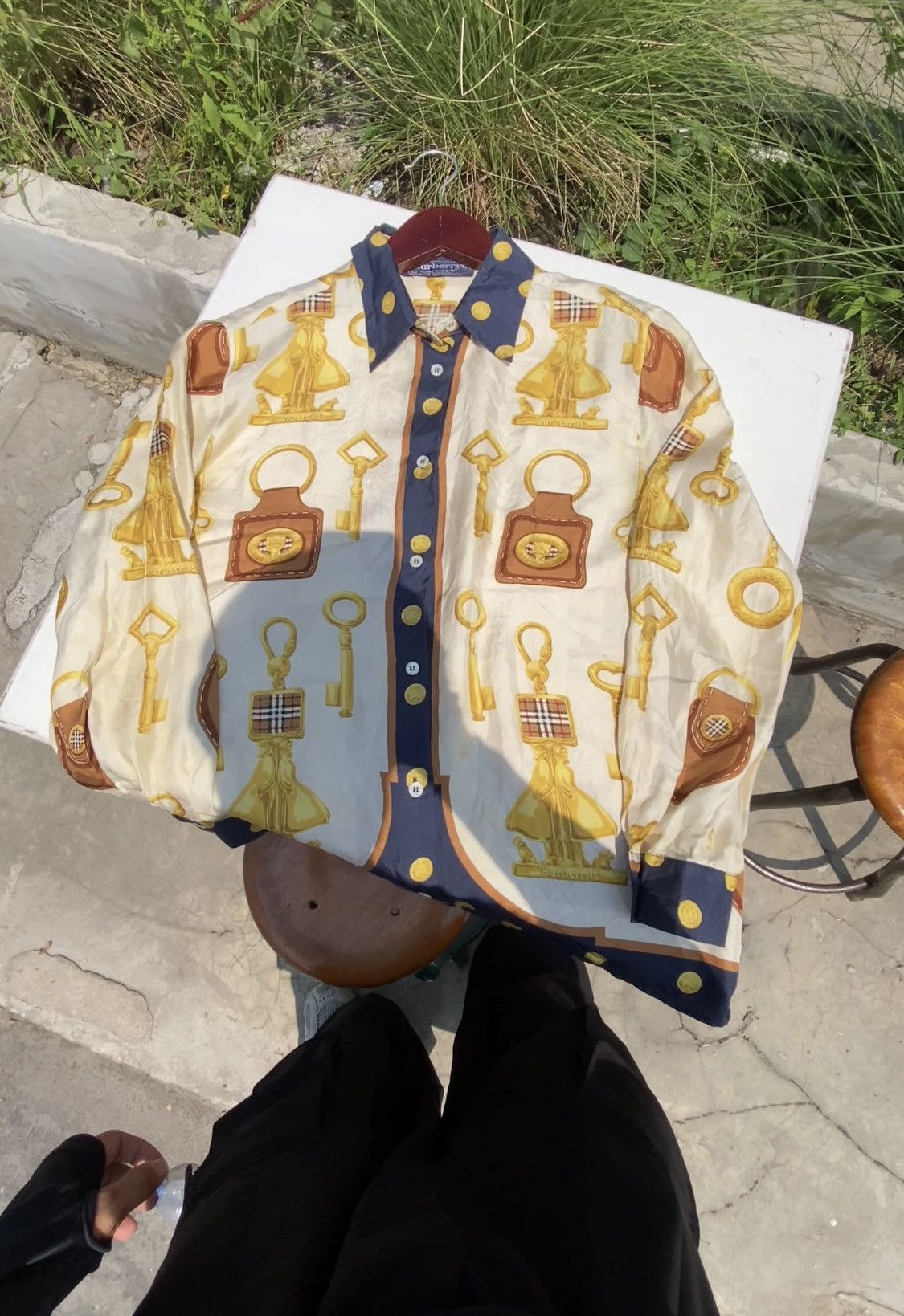 Vtg Burberry Silk Baroque Print Shirt