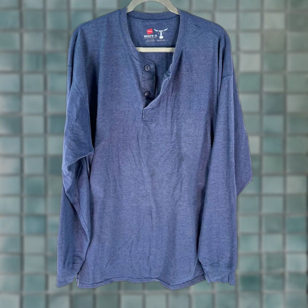 Hanes VINTAGE Hanes Henley Shirt Mens Beefy-T 2XL Regular Blue Long Sleeve Classic Henley Neckline Mens Adult 2XL Blue Size US XXL / EU 58 / 5 - 1 Thumbnail