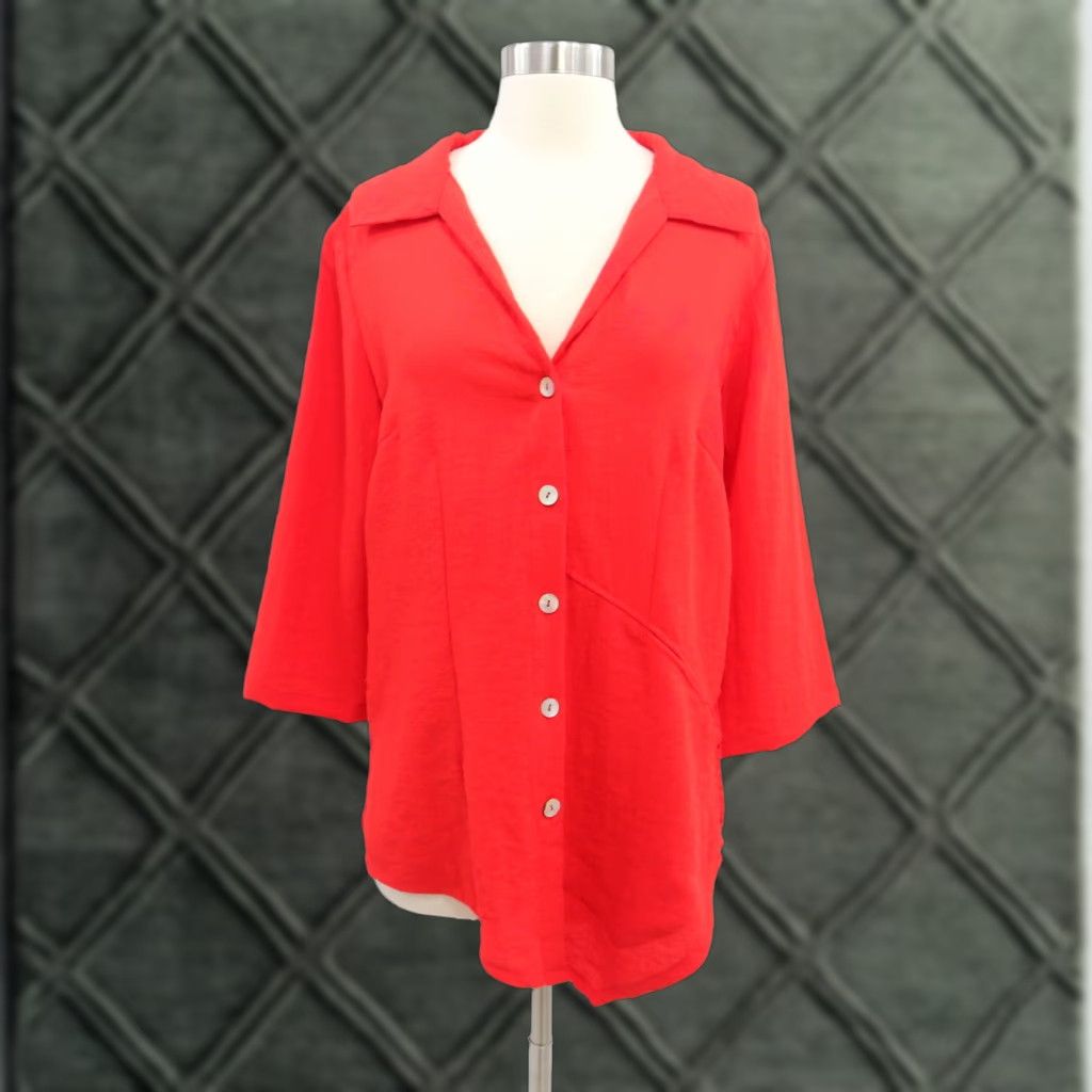 Fridaze Tunic Shirt Top Blouse Linen M Red Hi-Low Asymmetric Lagenlook Women Shirt