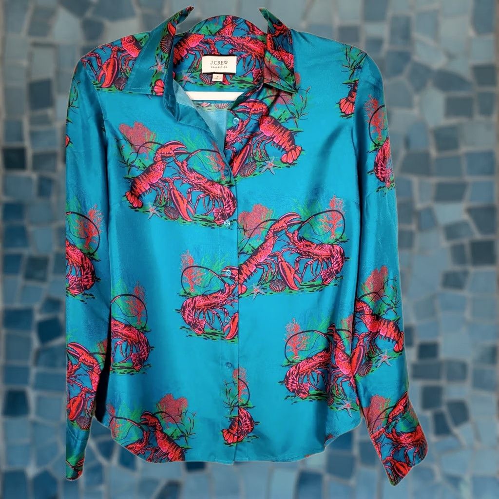J.Crew J. Crew Collection Silk Twill Lobster Print Button Up Shirt Top Womens Sz 6 Multicolor Ocean Bottom of the Sea Shirts Size M / US 6-8 / IT 42-44 - 1 Thumbnail