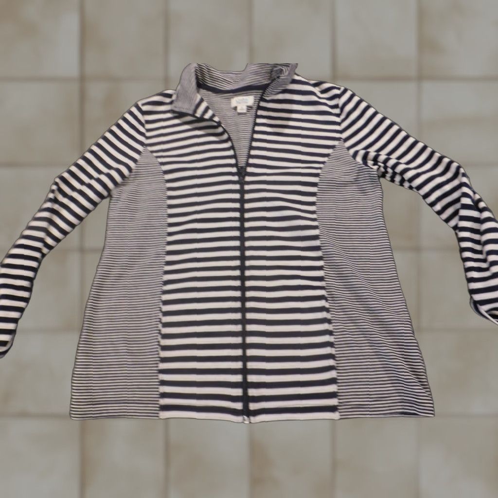 Croft & Barrow Croft & Barrow Womens Sweater M Blue Stripe Full Zip Classic Knit Pullover Mock Neck Long Sleeve Casual Winter Cotton Polyester Size M / US 6-8 / IT 42-44 - 1 Thumbnail