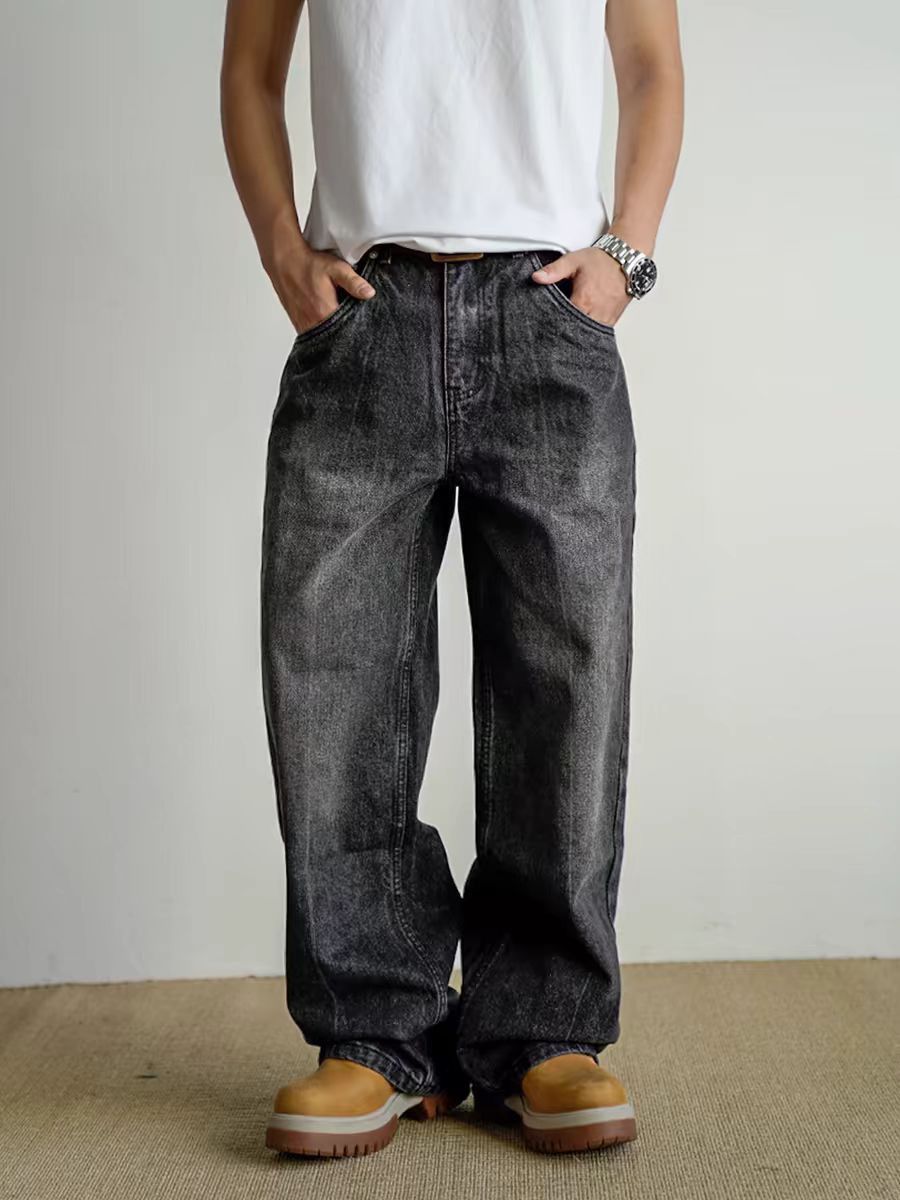 Vintage loose fit washed and distressed work jeans