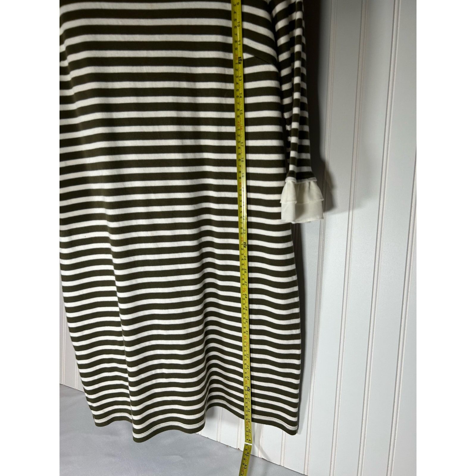 Robert Talbott Talbots Olive Green & Ivory Striped Dress W/Ruffled Size L Size L / US 10 / IT 46 - 6 Thumbnail